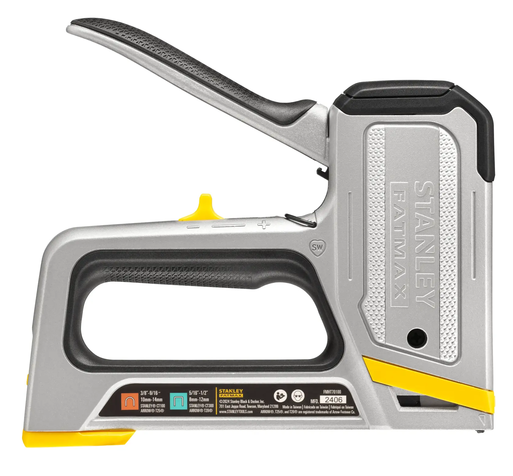Stanley FMHT70100 staple gun, silver and black, side angle, FATMAX branding visible.