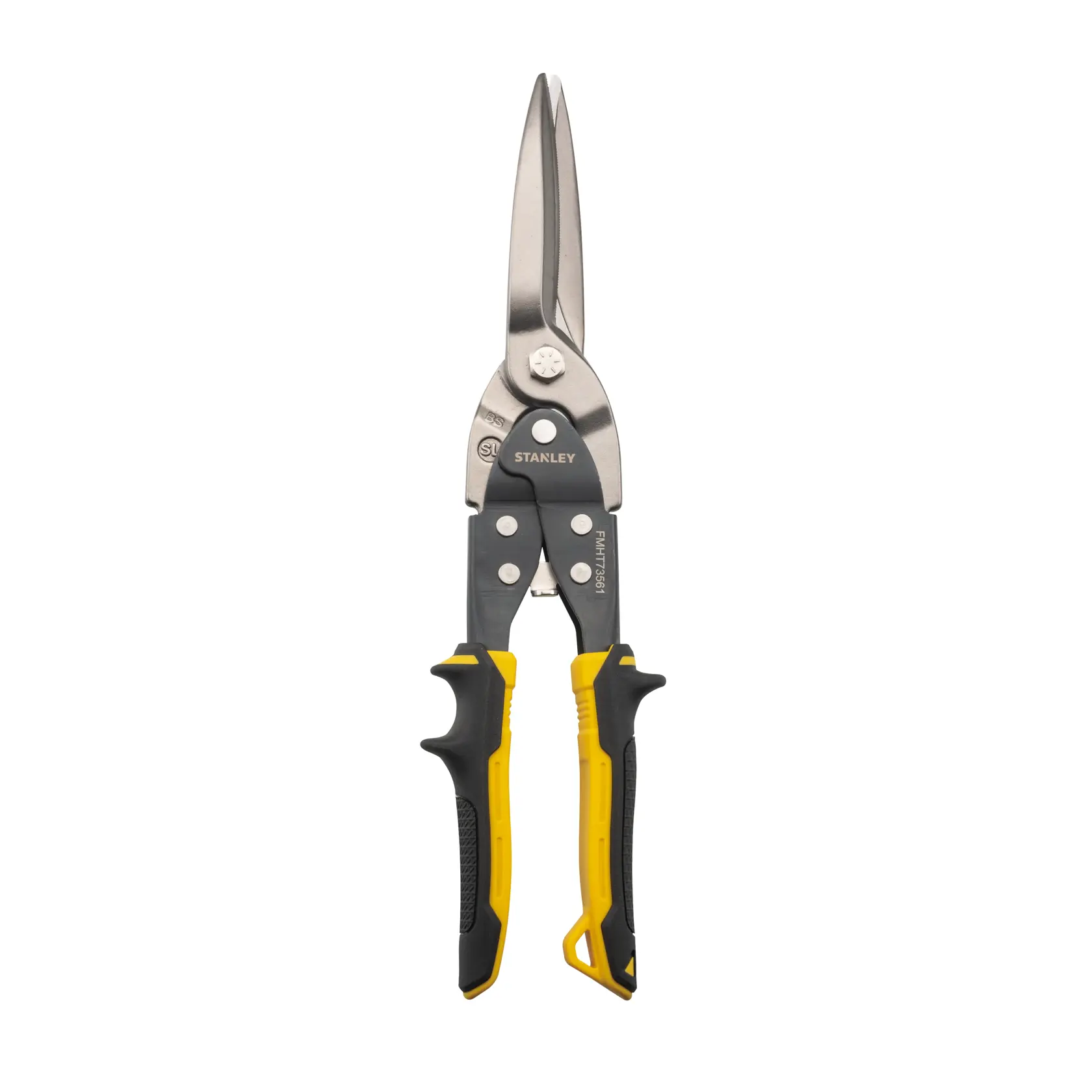Stanley straight cut aviation snips, front view, with black and yellow ergonomic handles on white background