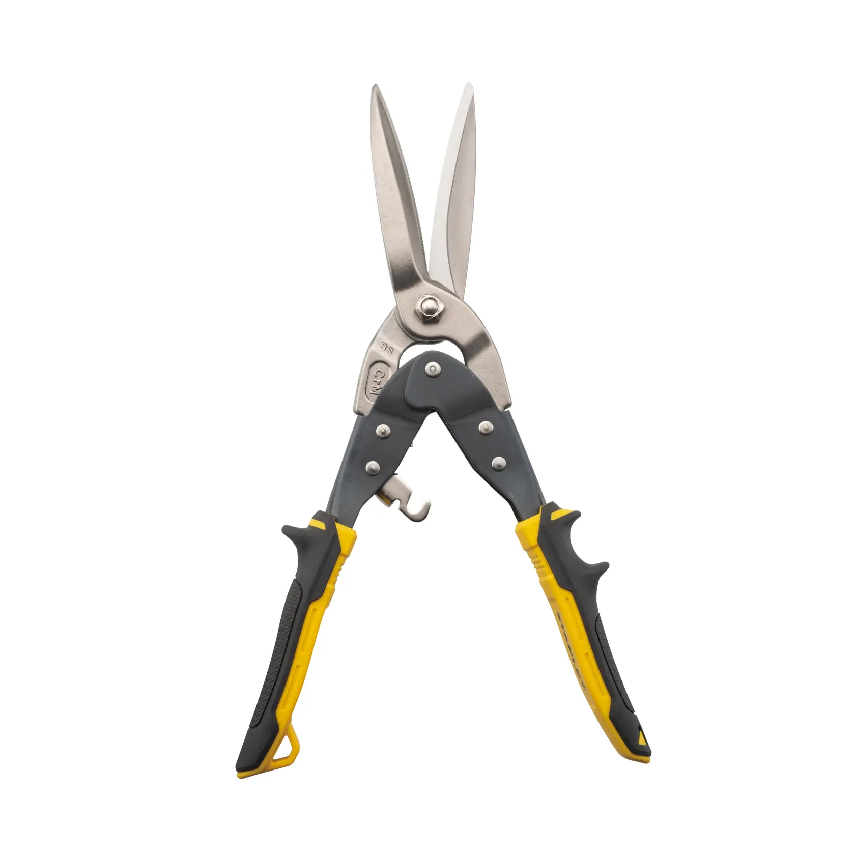 Stanley straight cut aviation snips, front angle, black and yellow handles on white background