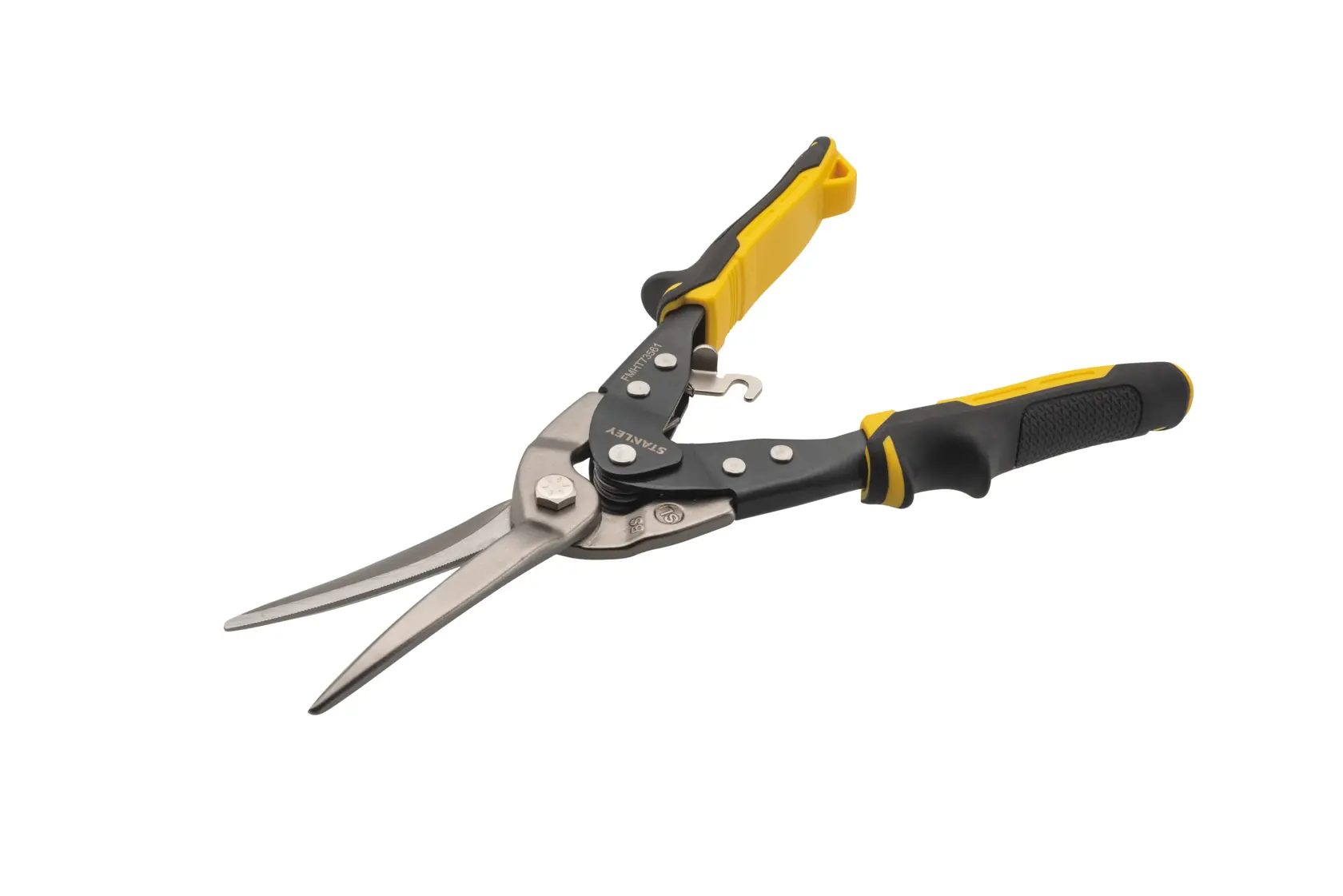 STANLEY FMHT73561 aviation snips with black and yellow handles, angled view on white background.
