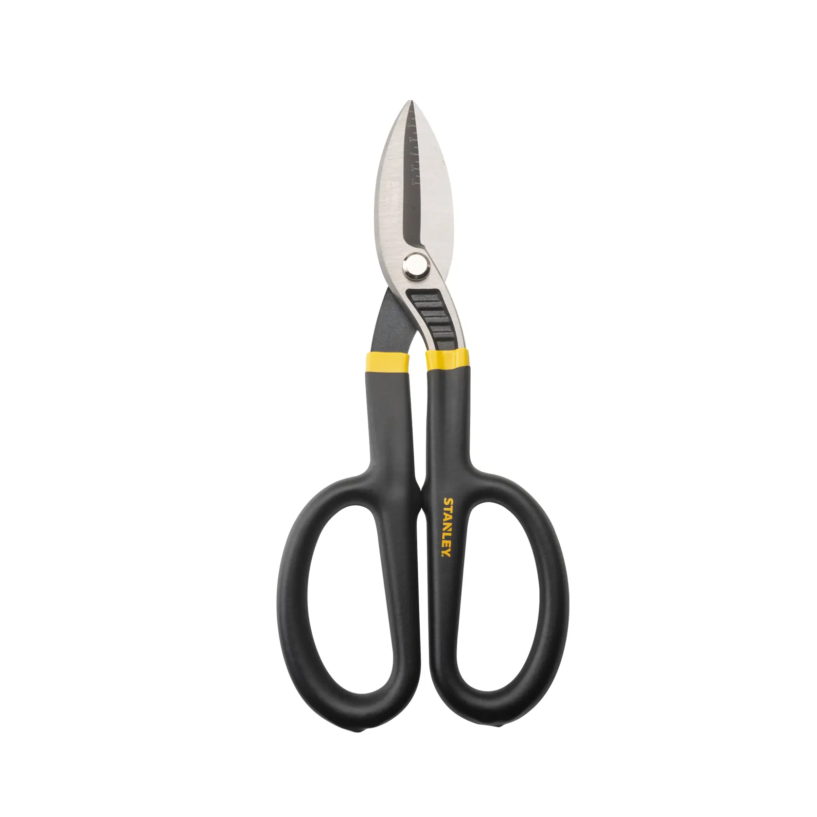 Front view of STANLEY steel aviation snips with black handles and yellow accents on white background