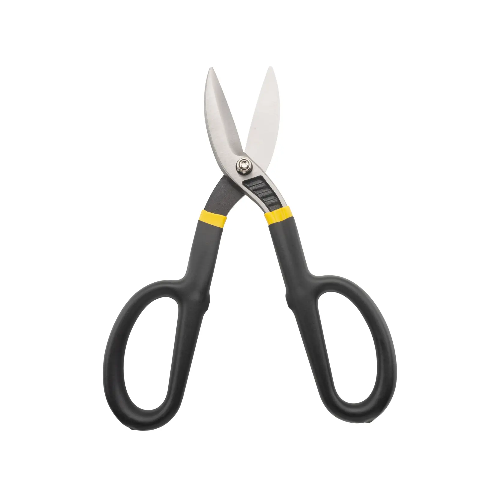 Stanley straight cut aviation snips, black handles, yellow accents, front angle on white background
