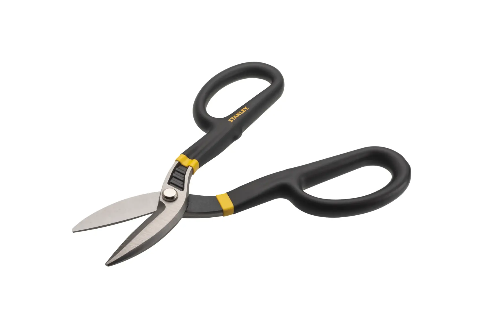 STANLEY FMHT73571 aviation snips with black and yellow handle, side angle on white background.