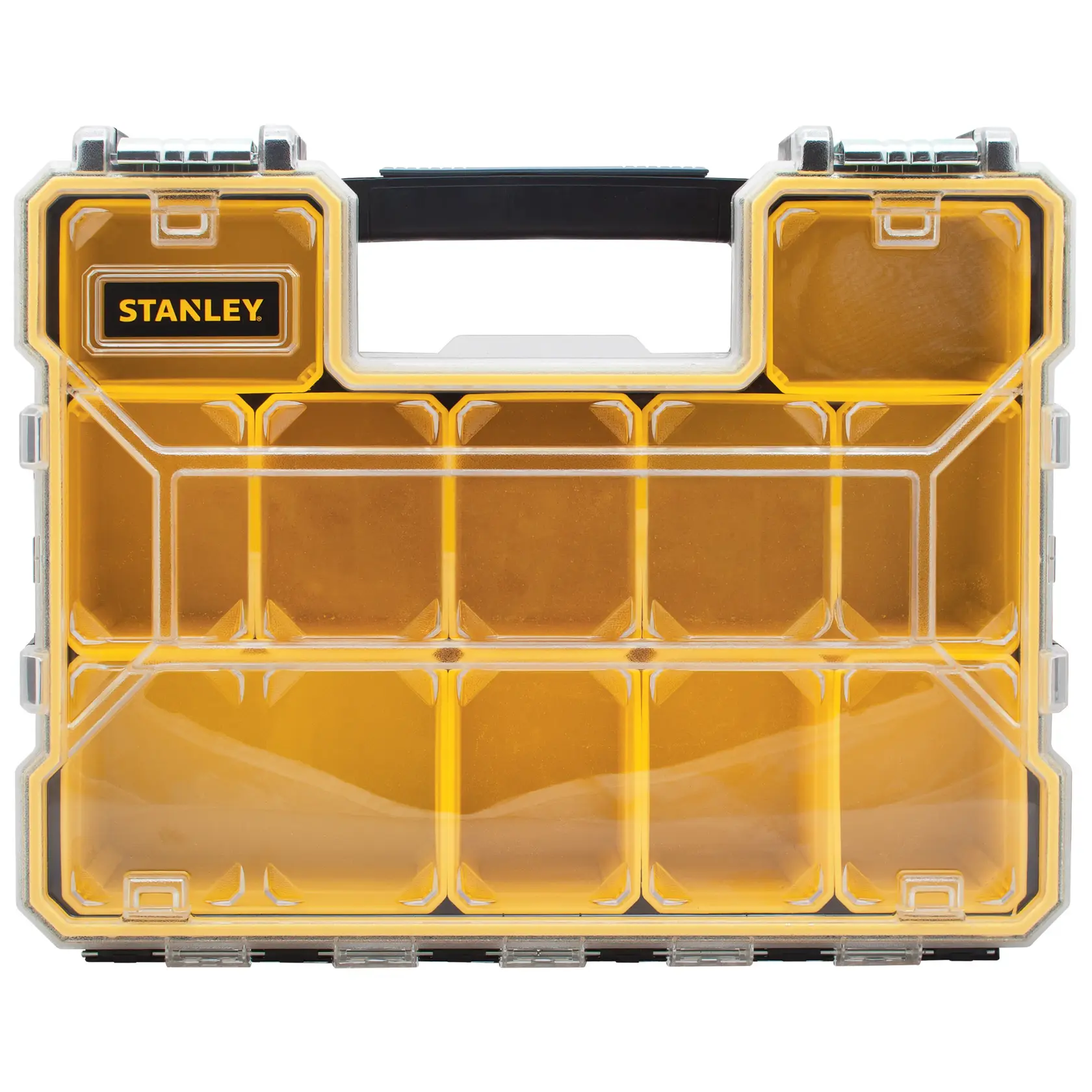 Stanley FatMax Deep Pro Organizer front angle, transparent lid showing yellow compartments, black handle