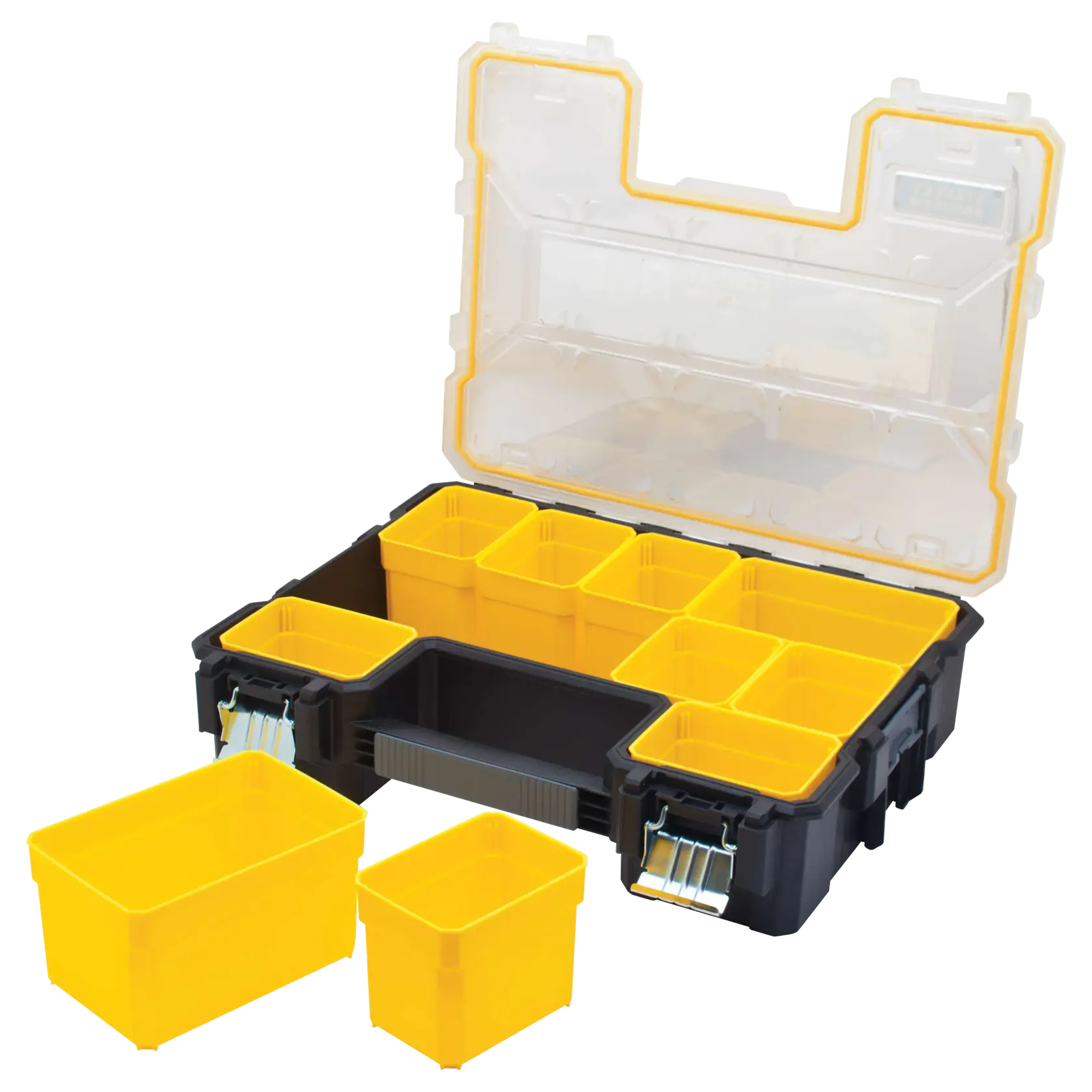 Stanley organizer box with removable yellow compartments and clear lid, angled front view on white background