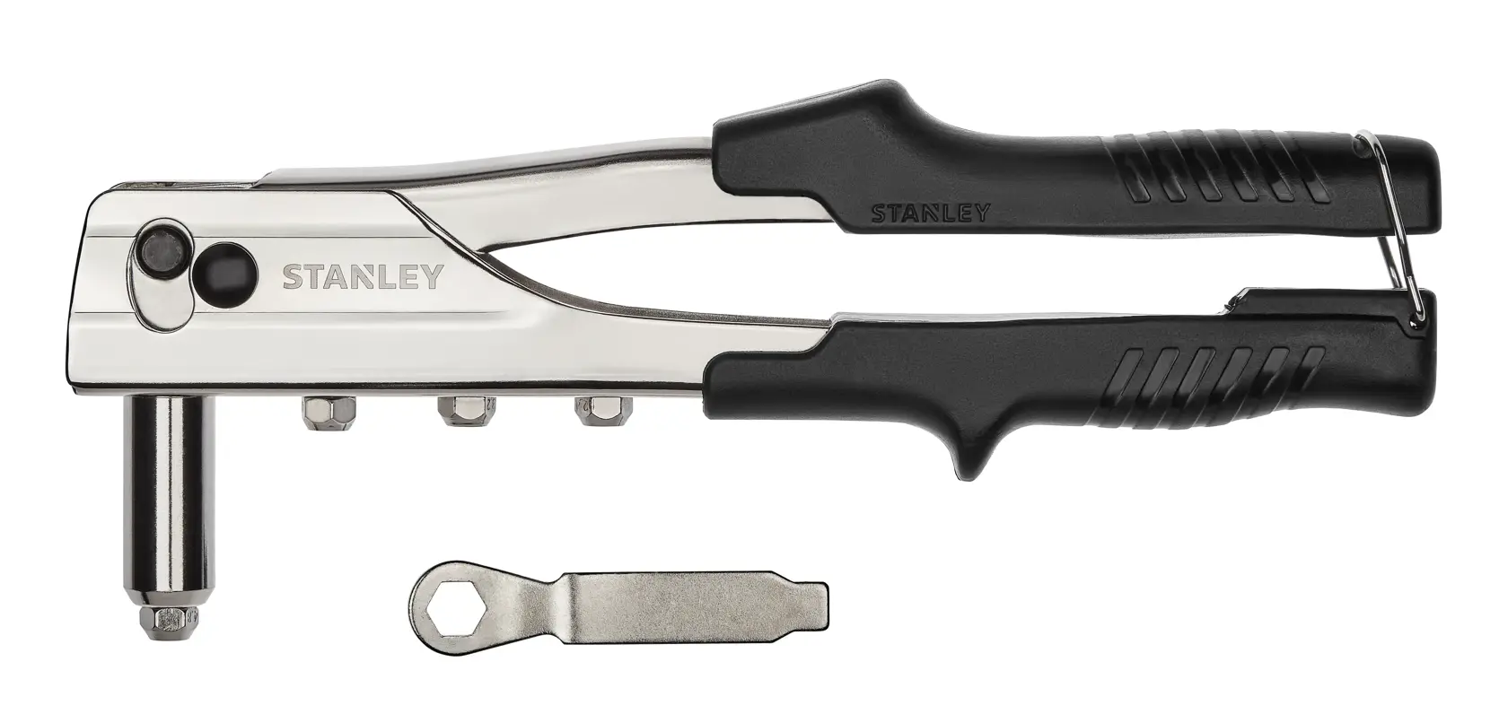 STANLEY MR55C5 rivet tool with black grips and included wrench, product photo on white background.