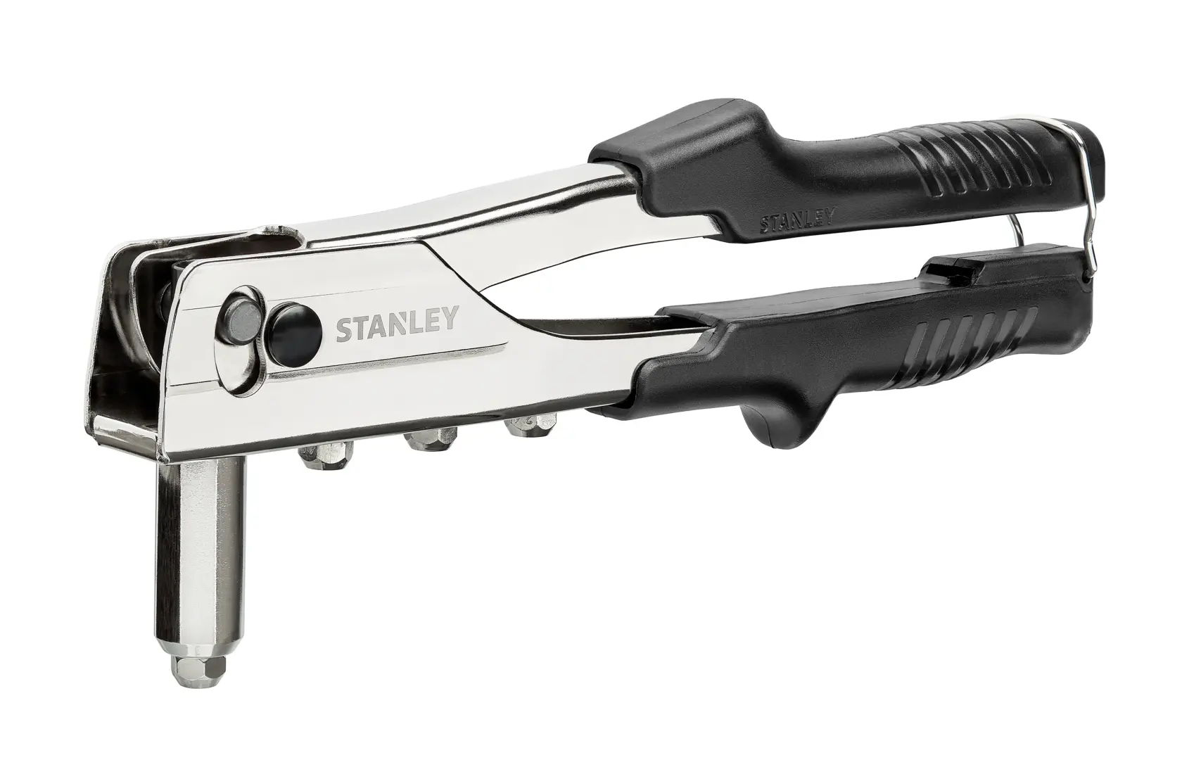 STANLEY MR55C5 rivet tool with black grips, side angle, on white background.