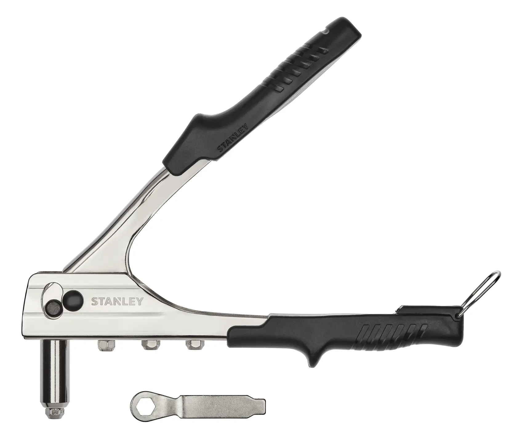 Stanley MR55C5 hand riveter tool with black grips and steel wrench, side angle on white background