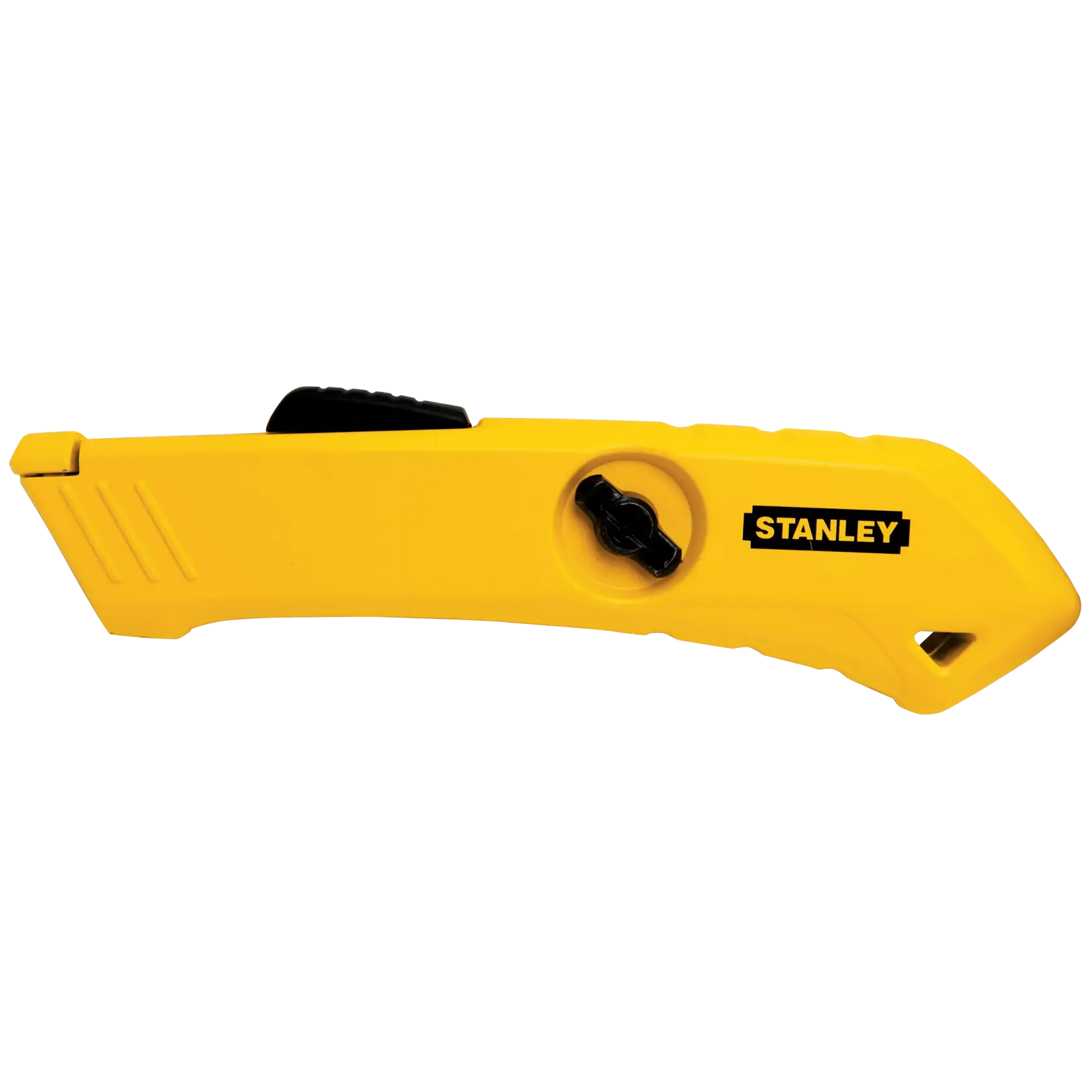 Stanley yellow utility knife with black slider, side view on white background.