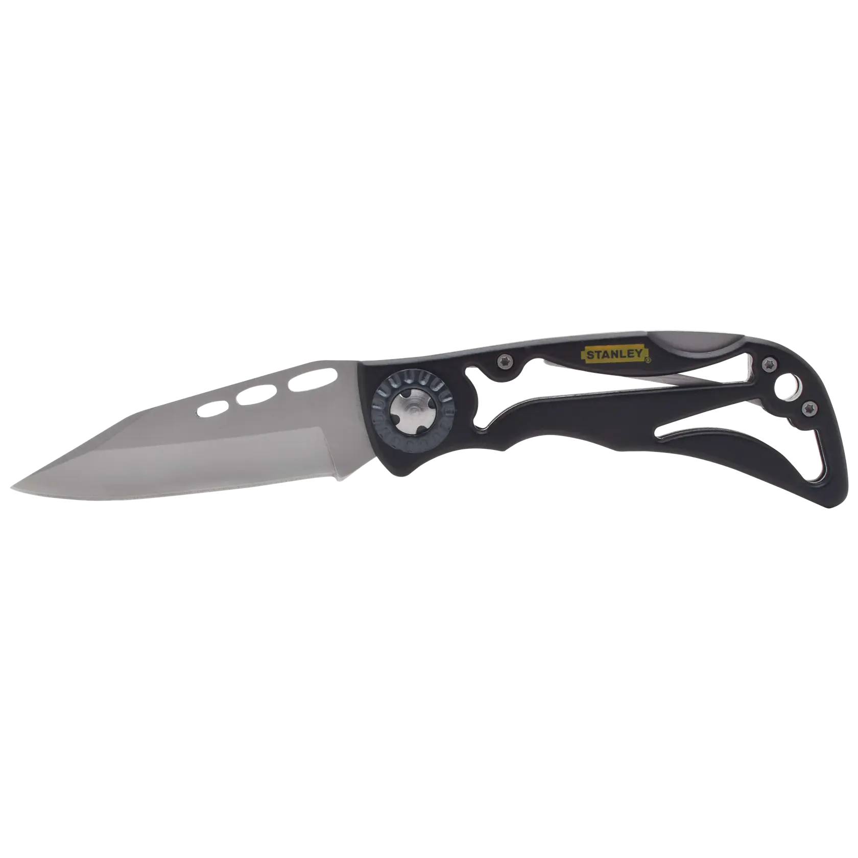 Stanley folding utility knife with silver blade and black open-frame handle, side view on white background