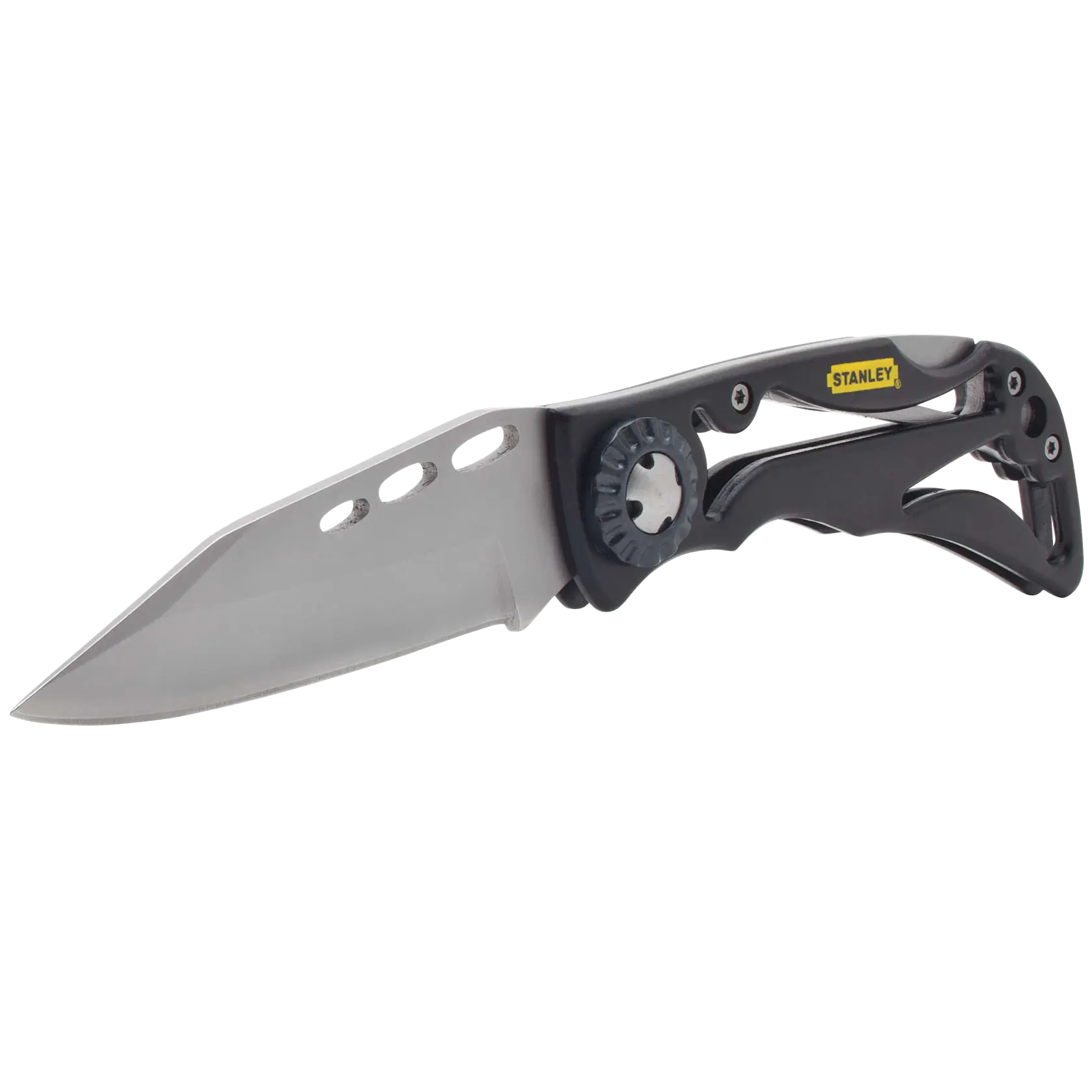 Stanley folding utility knife, silver blade with cutout holes, black handle, side angle on white background