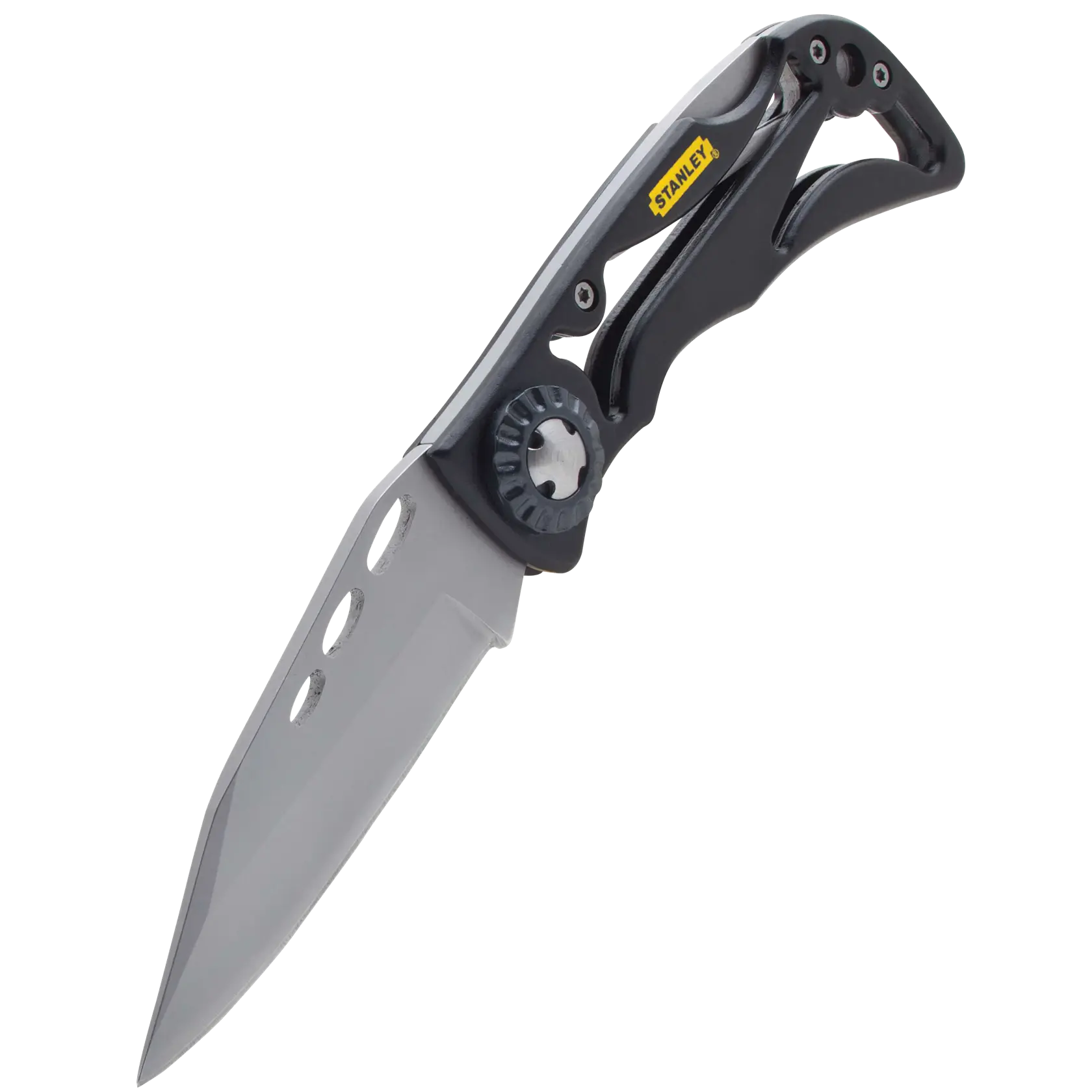 STANLEY folding utility knife with partially open black and silver handle, shown at angle on white background.
