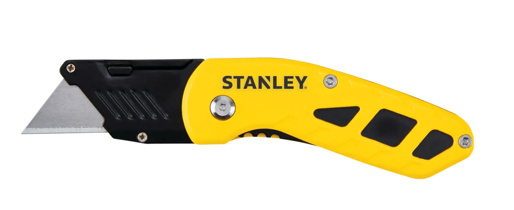 Stanley folding utility knife side view, yellow and black handle, exposed silver blade, on white background.