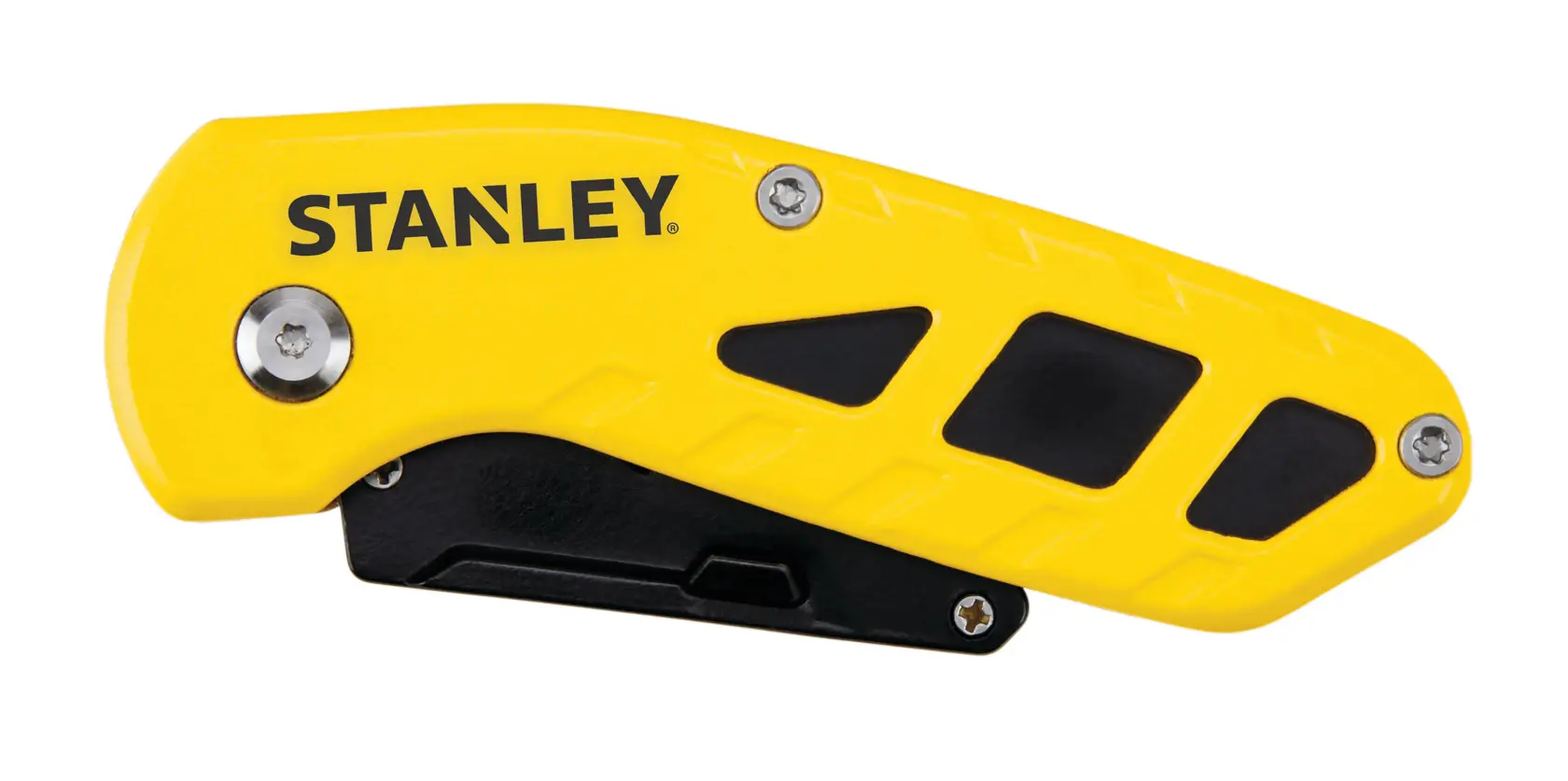 STANLEY STHT10424 folding utility knife, yellow and black handle, side angle photo on white background.