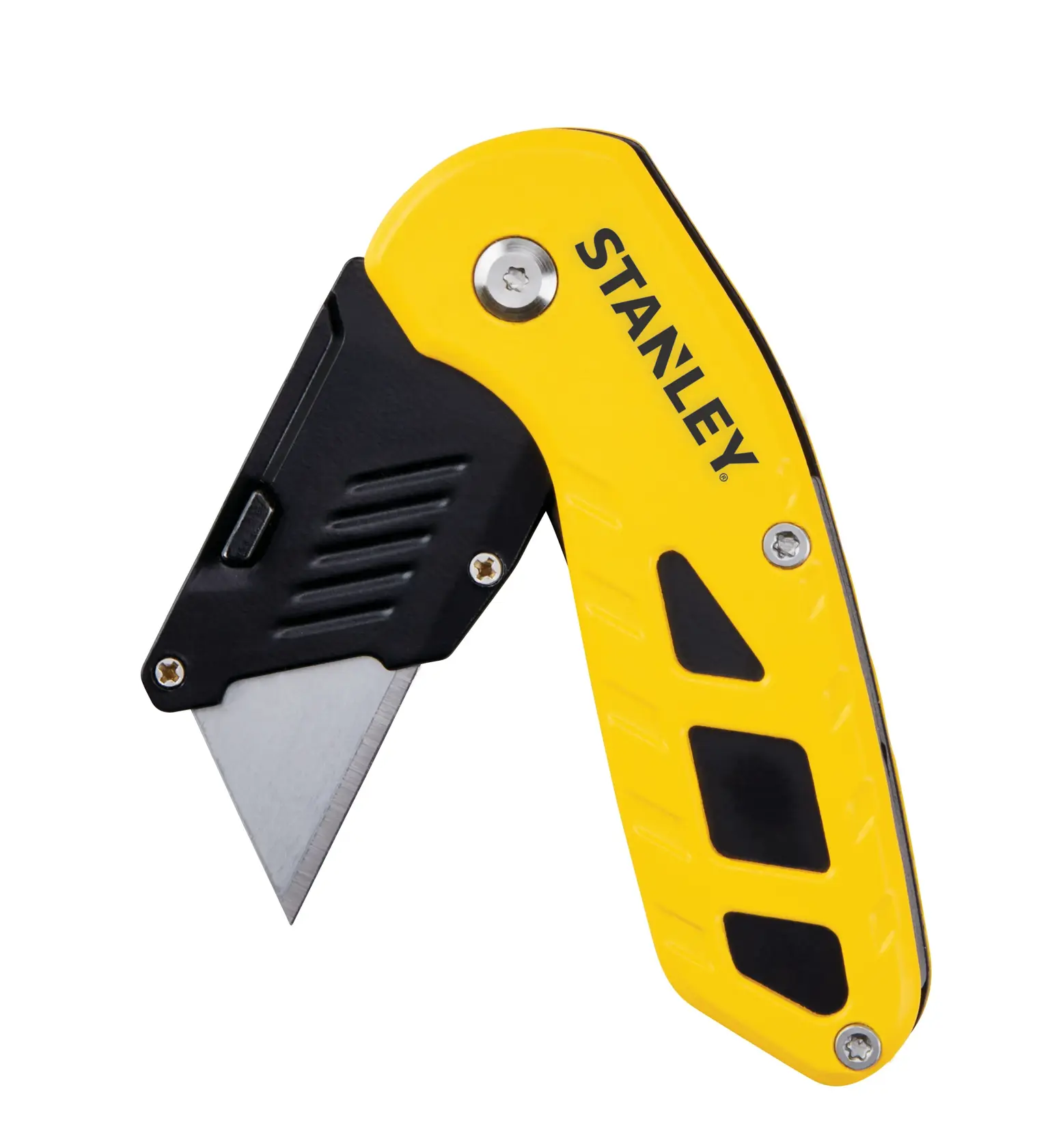 Stanley folding utility knife, yellow and black handle, angled left, white background