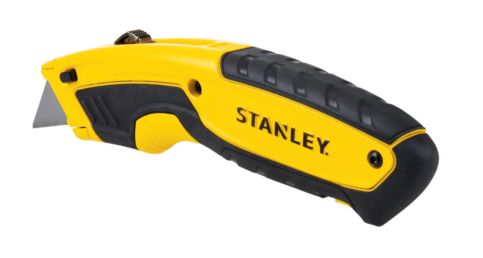Stanley yellow and black utility knife side angle on white background, ergonomic handle with retractable blade.