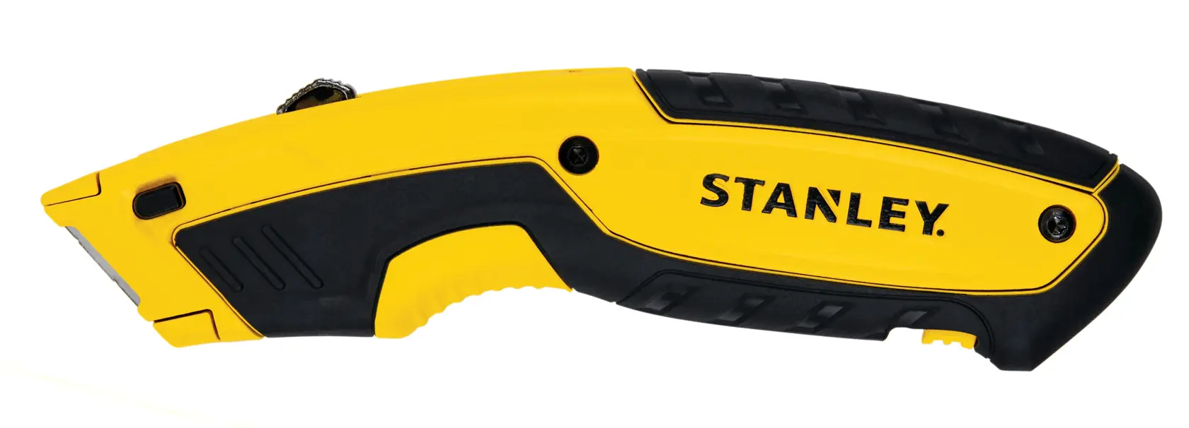 Stanley utility knife side view, yellow and black handle, exposed blade, white background