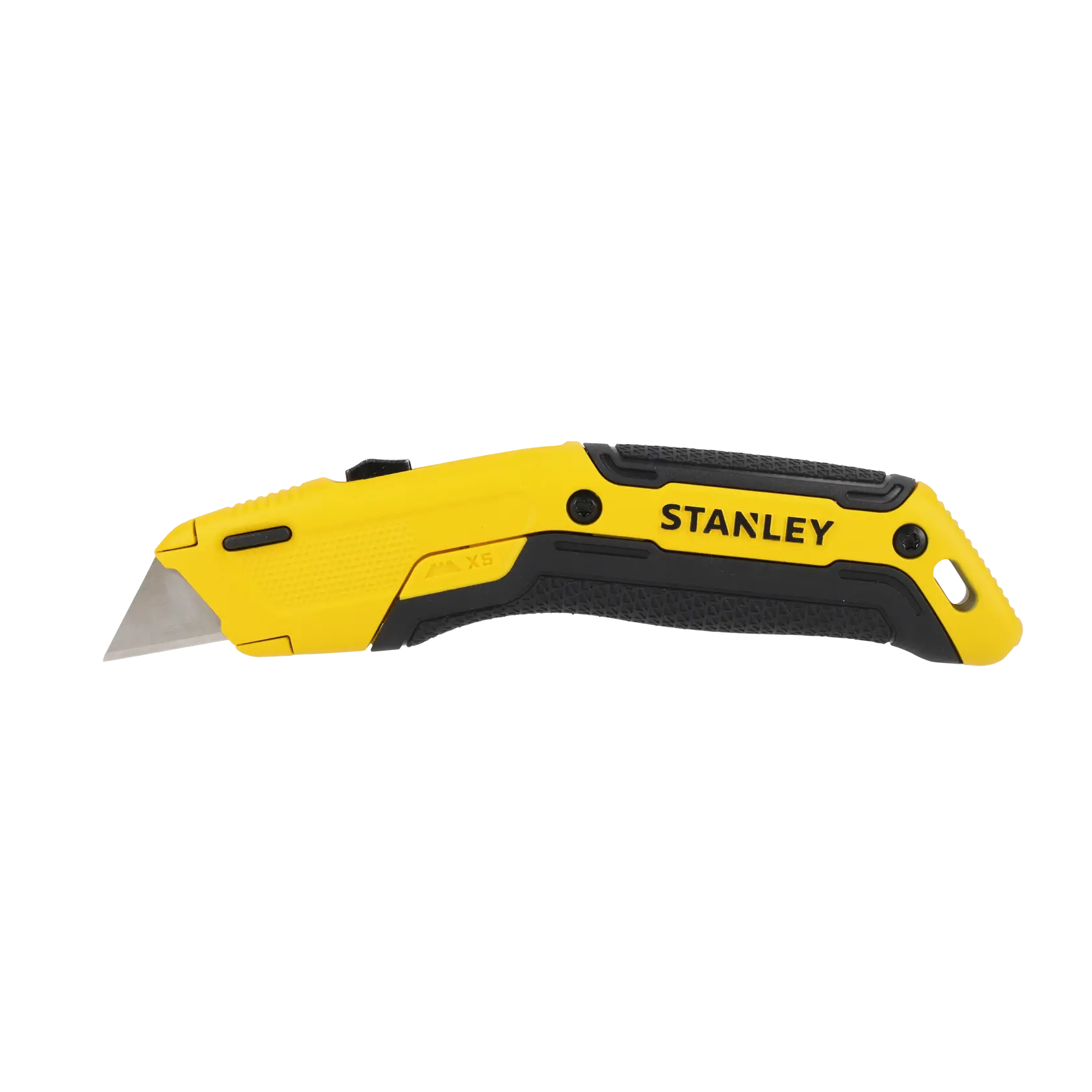 A Stanley yellow and black utility knife with a retractable blade, designed for cutting materials in photography or construction.