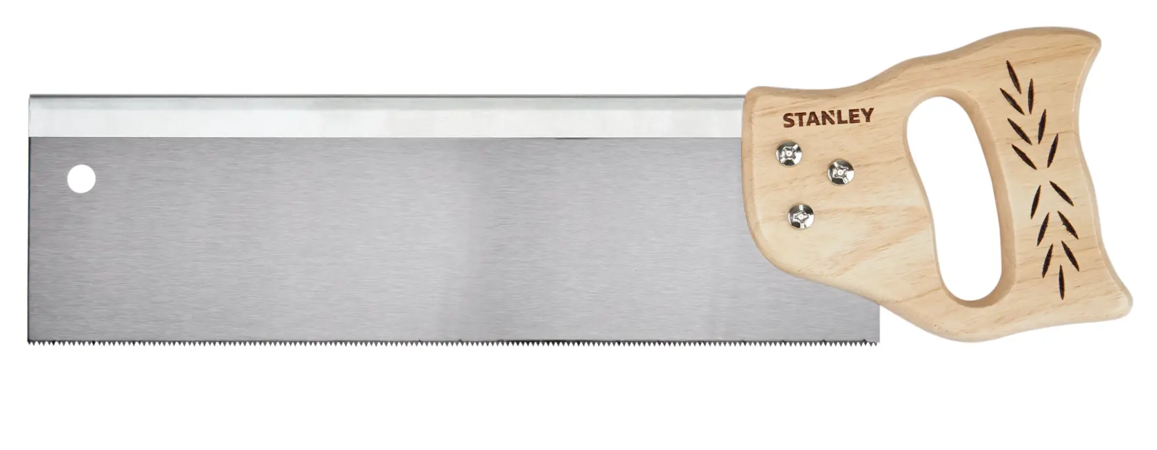 Stanley backsaw with silver blade and wooden handle, right side view on white background