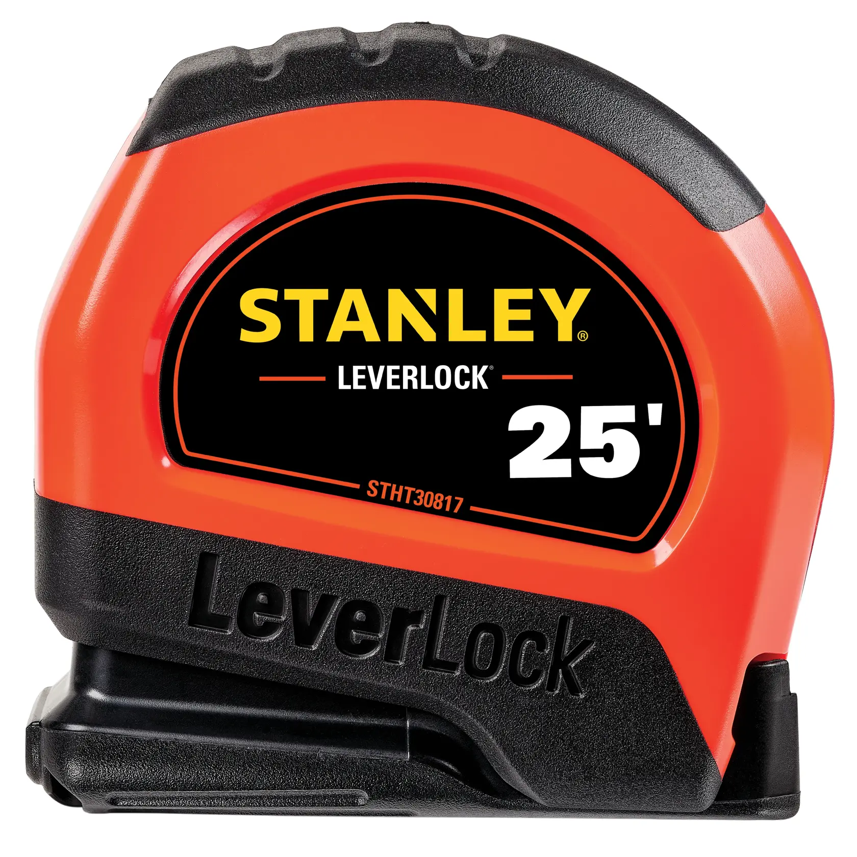 STANLEY STHT30817S LeverLock 25-foot tape measure, orange and black, front angle photo.