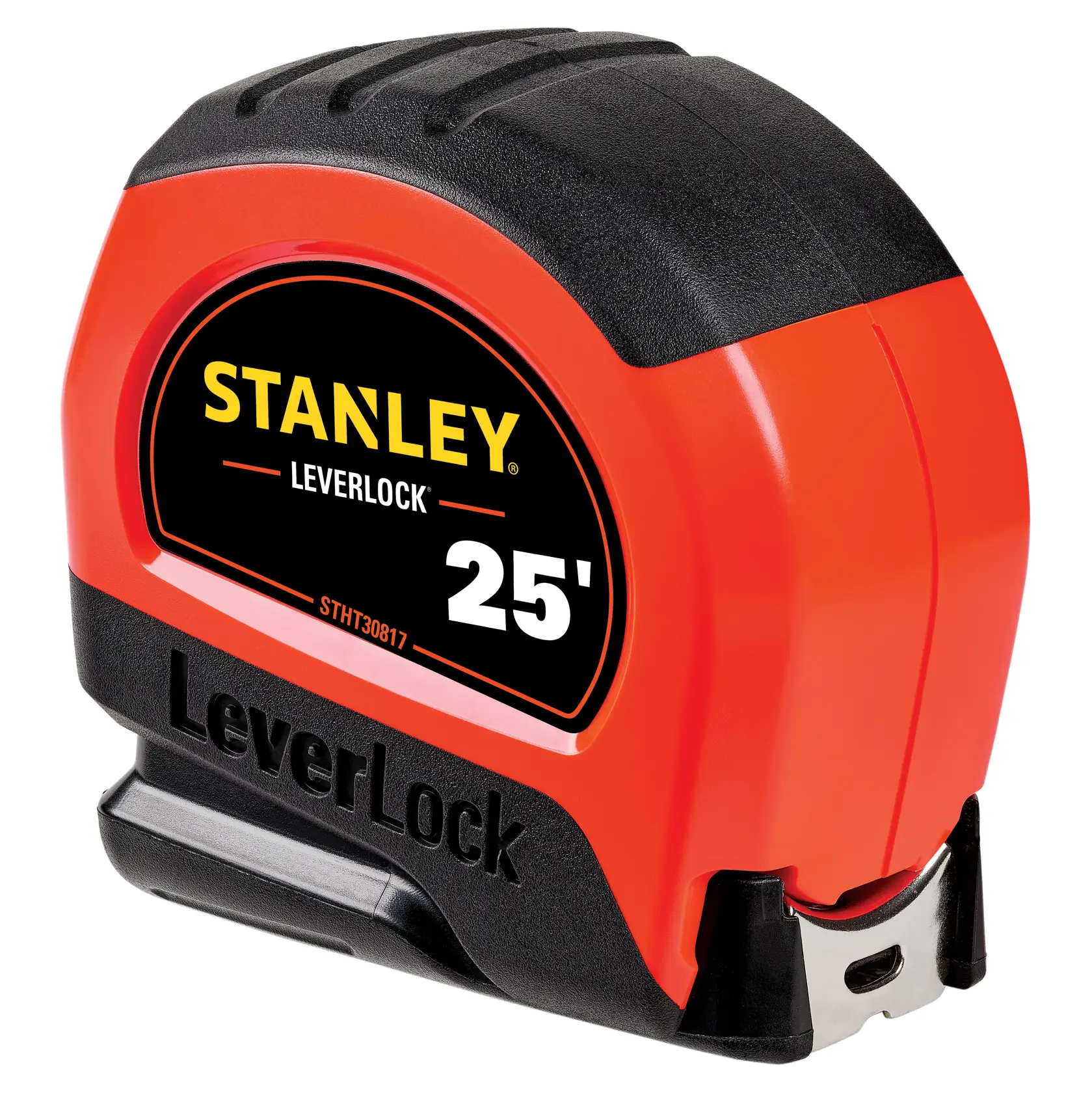 Photo of STANLEY STHT30817S 25-foot LeverLock tape measure, orange and black, angled view on white background.