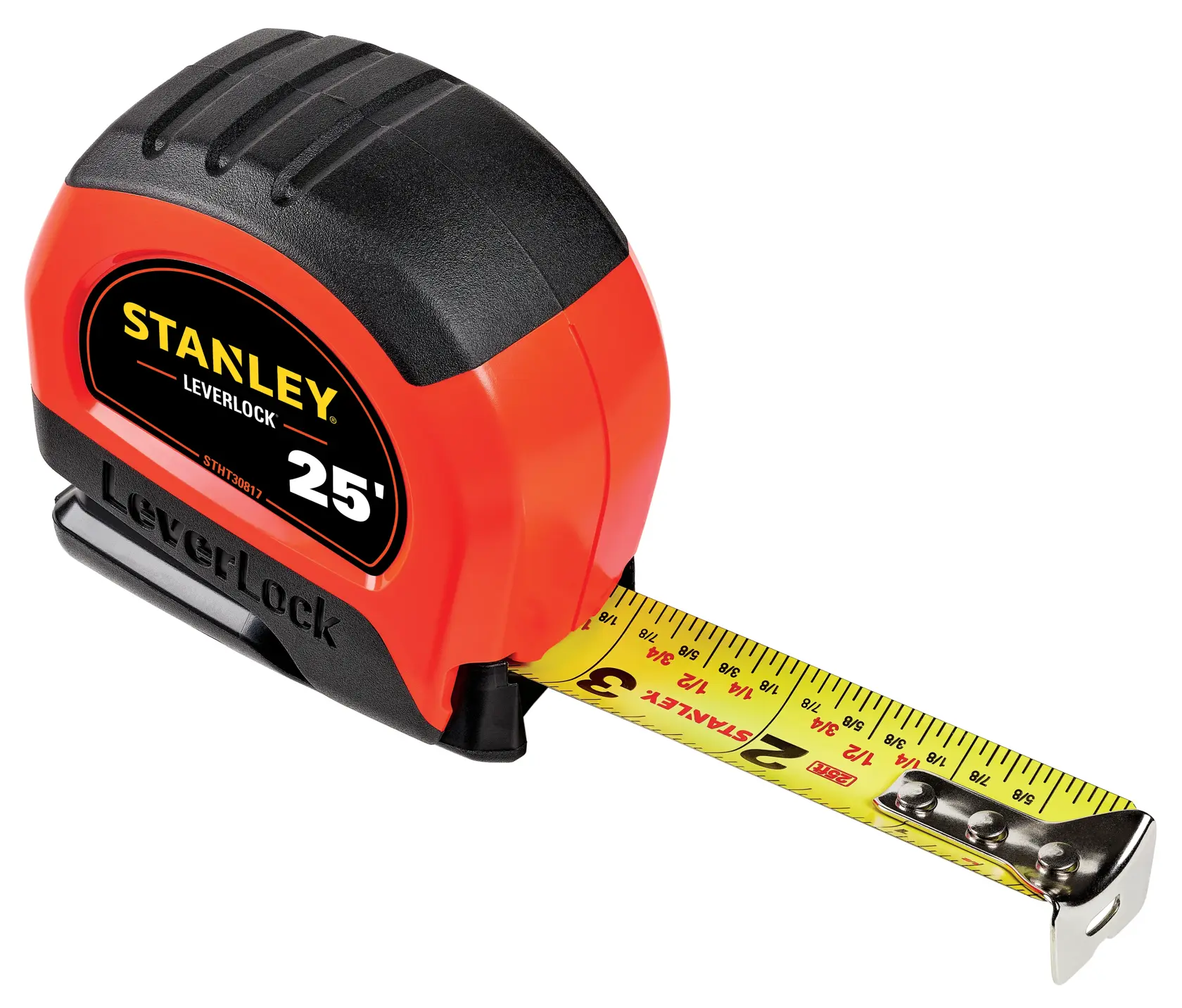Photo of STANLEY STHT30817S LeverLock 25-foot tape measure, black and orange, with extended yellow measuring tape, angled view.