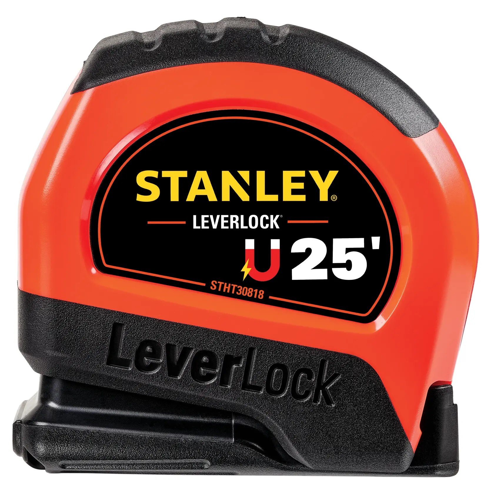 STANLEY STHT30818S tape measure, LeverLock series, 25 foot, black and orange, product side view on white background.