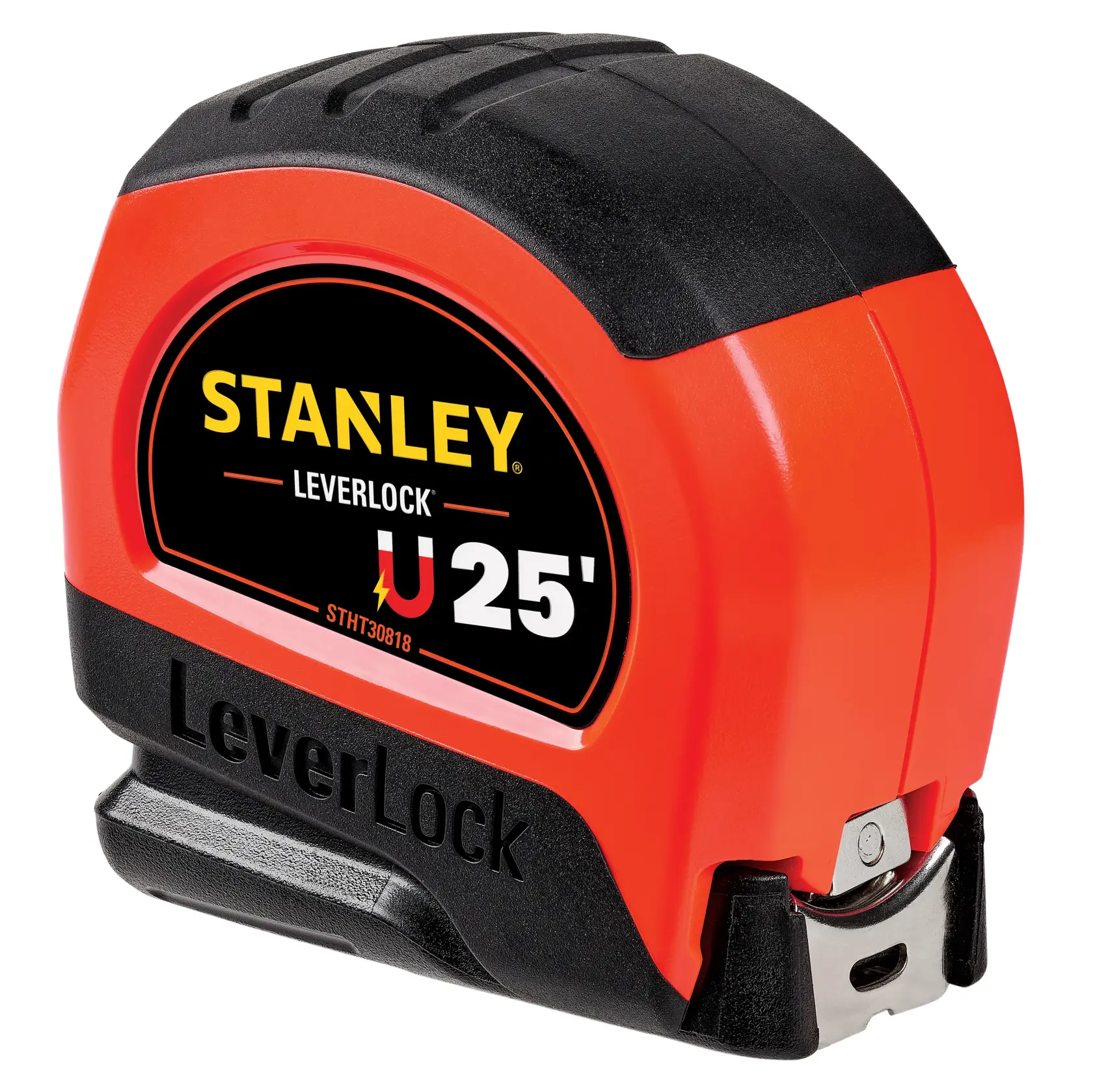 STANLEY SKU STHT30818S LeverLock 25-foot tape measure, red and black, front angle on white background.