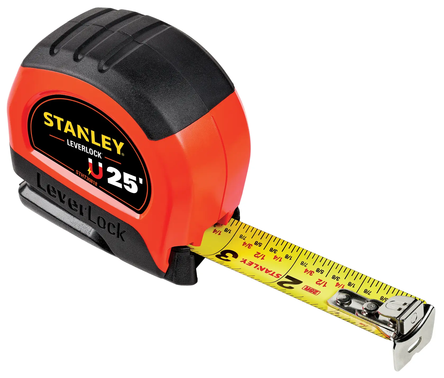 Stanley STHT30818S LeverLock tape measure, 25-foot, black and orange, side angle photo.