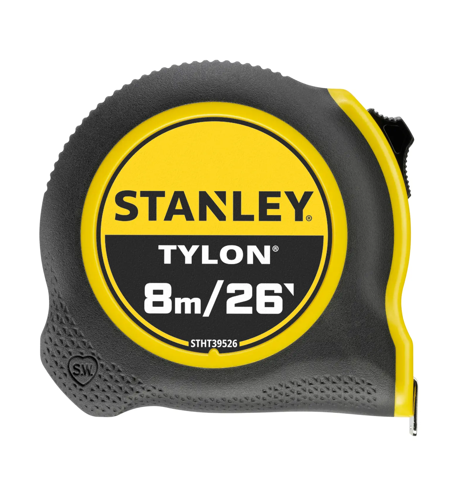 STANLEY STHT39526 tape measure, black and yellow, front angle on white background.