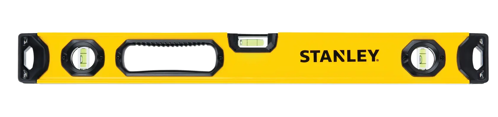 Stanley yellow spirit level with three bubble vials, black end caps, and a handle, front view on white background.