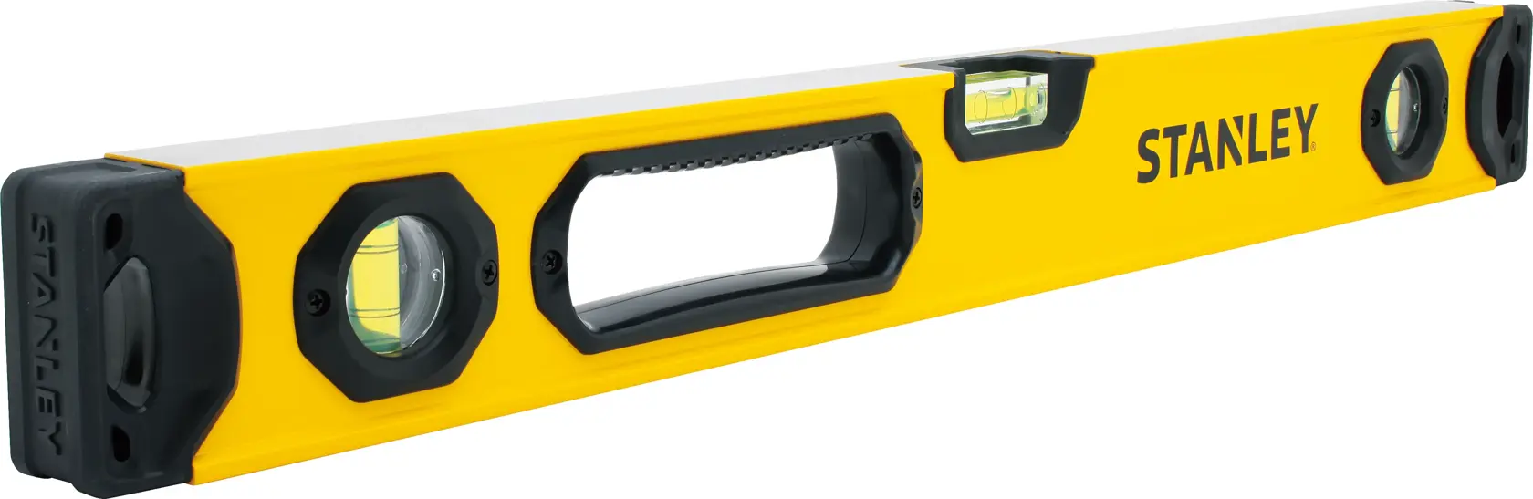 STANLEY STHT42496 yellow box level with three vials, black end caps, side angle, photography.