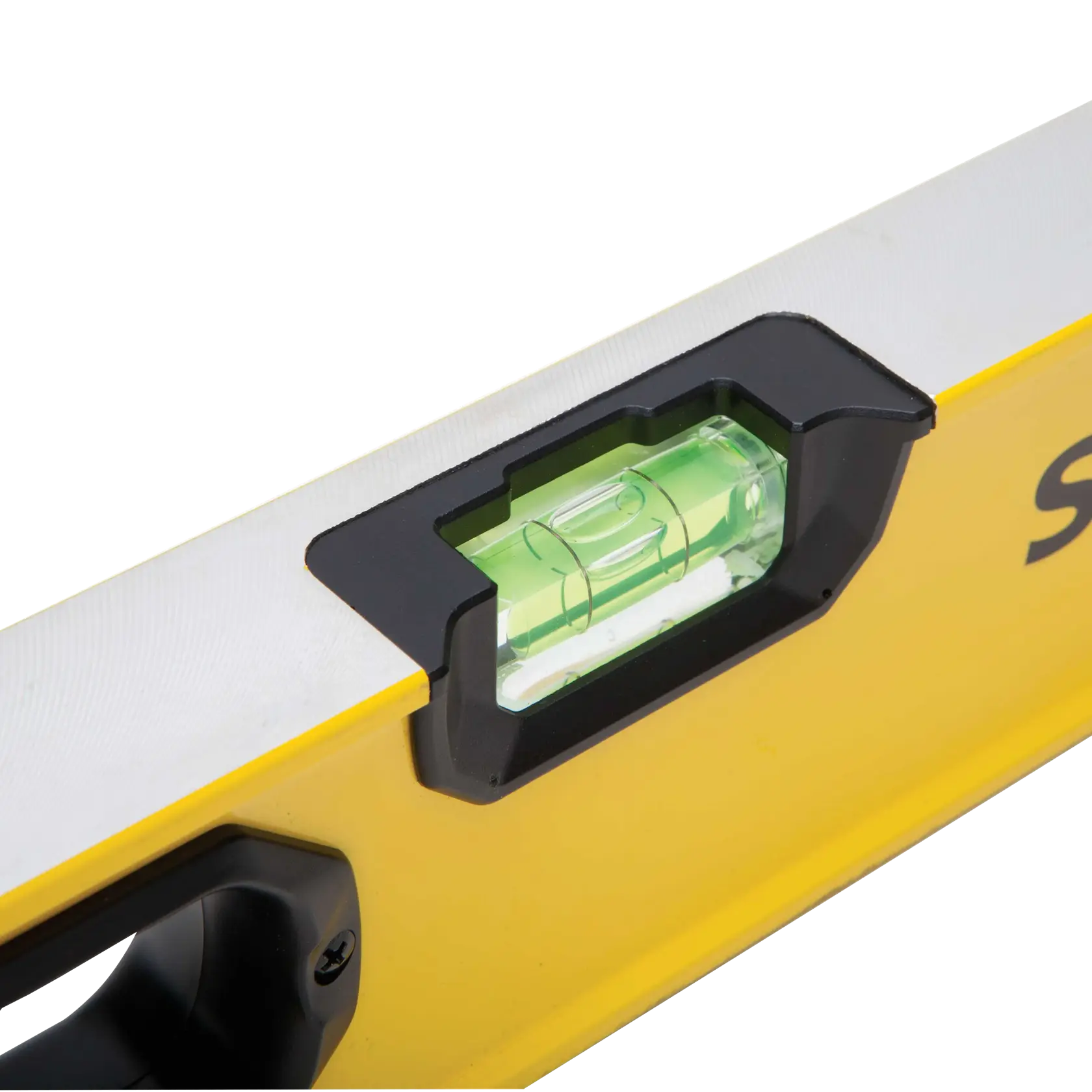 STANLEY STHT42496 level close-up, yellow and silver body, green bubble vial, top angle photo.