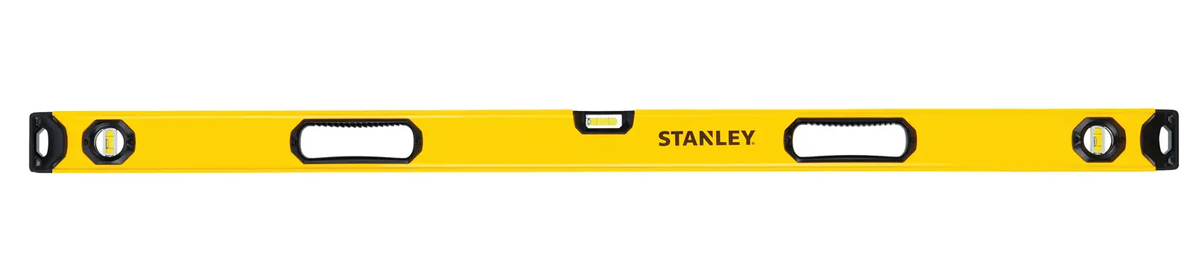 Stanley yellow spirit level front view, three vials, two grip handles, black end caps on white background