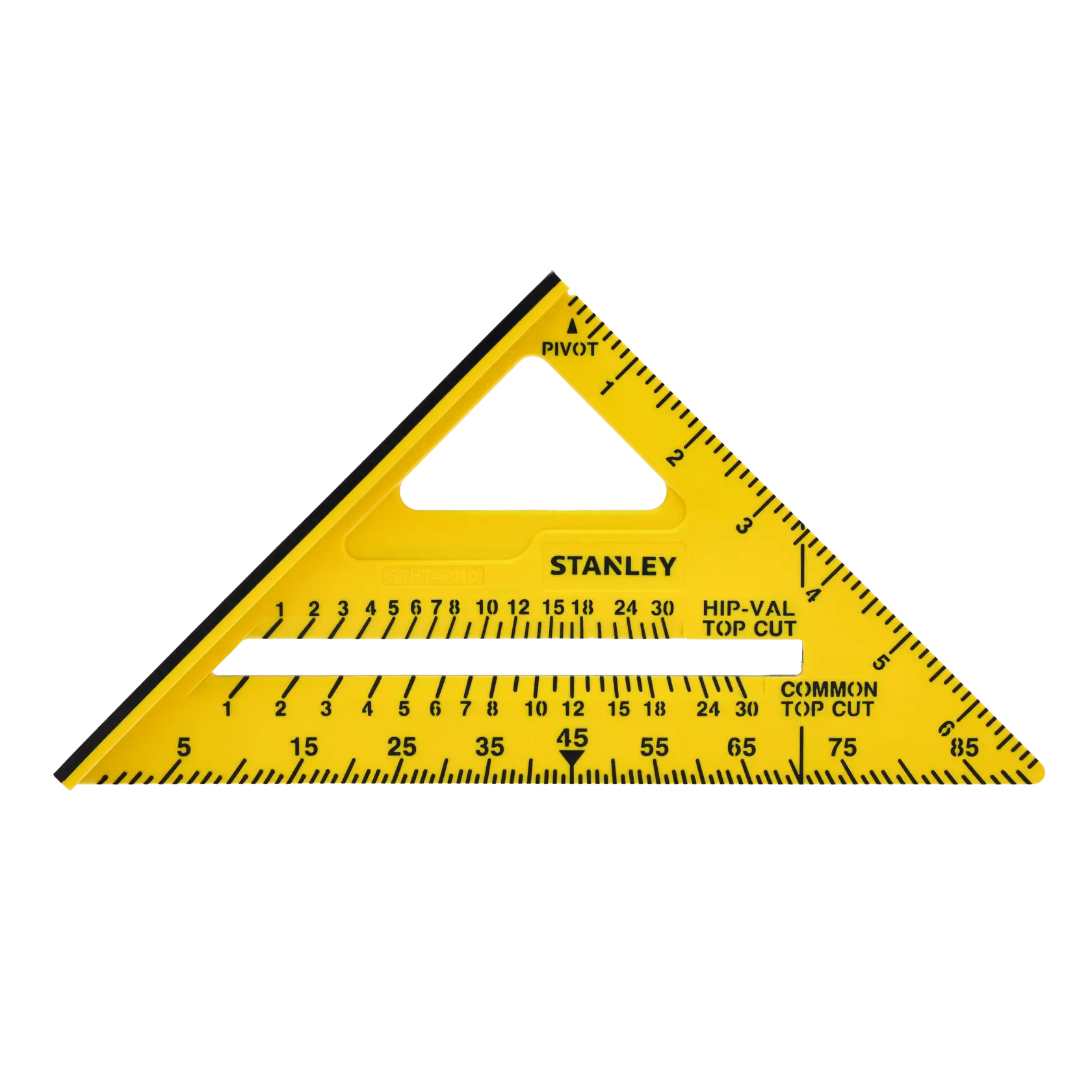 Stanley yellow plastic rafter square with black markings, top-down angle on white background