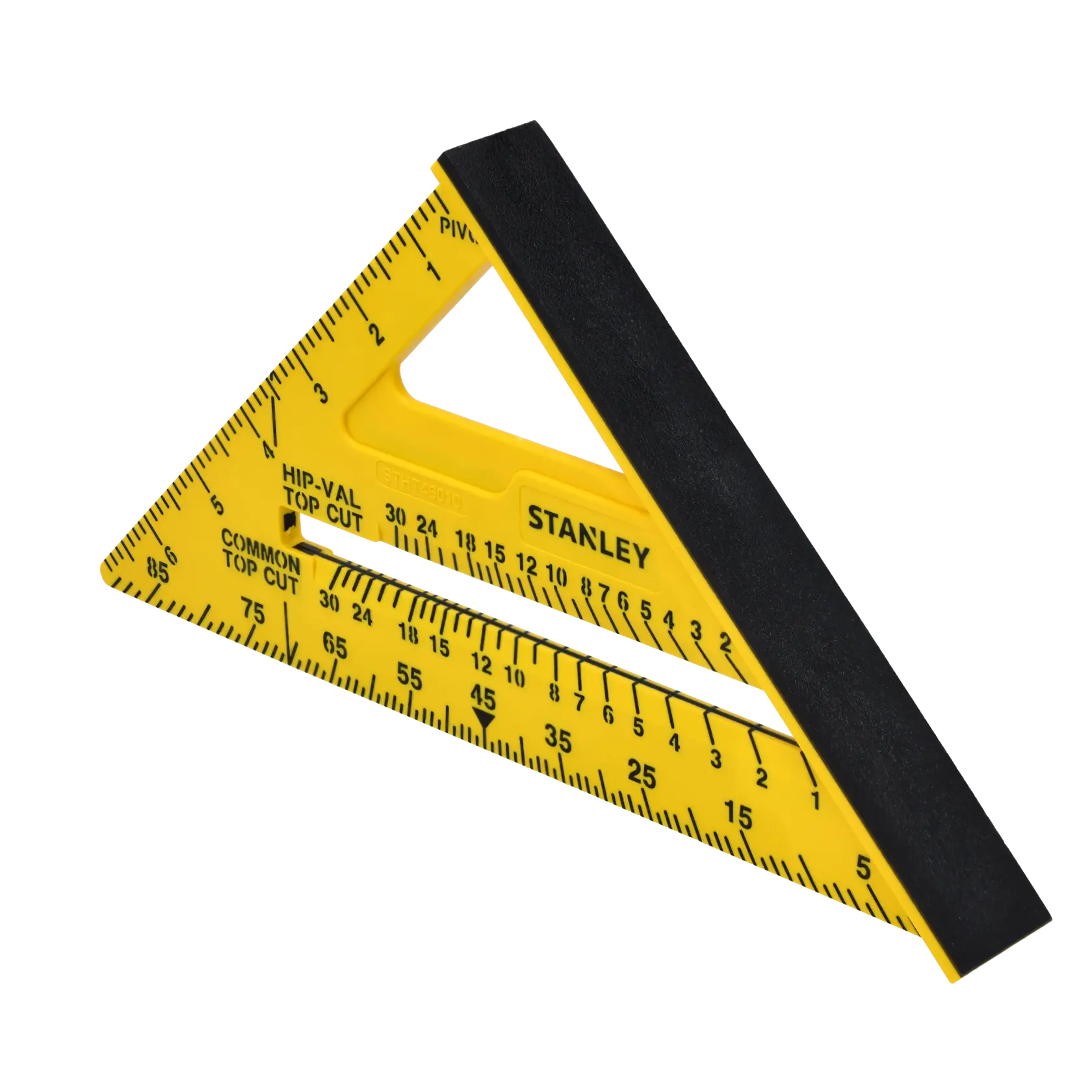 Stanley yellow plastic rafter square with black edge, angled shot on white background