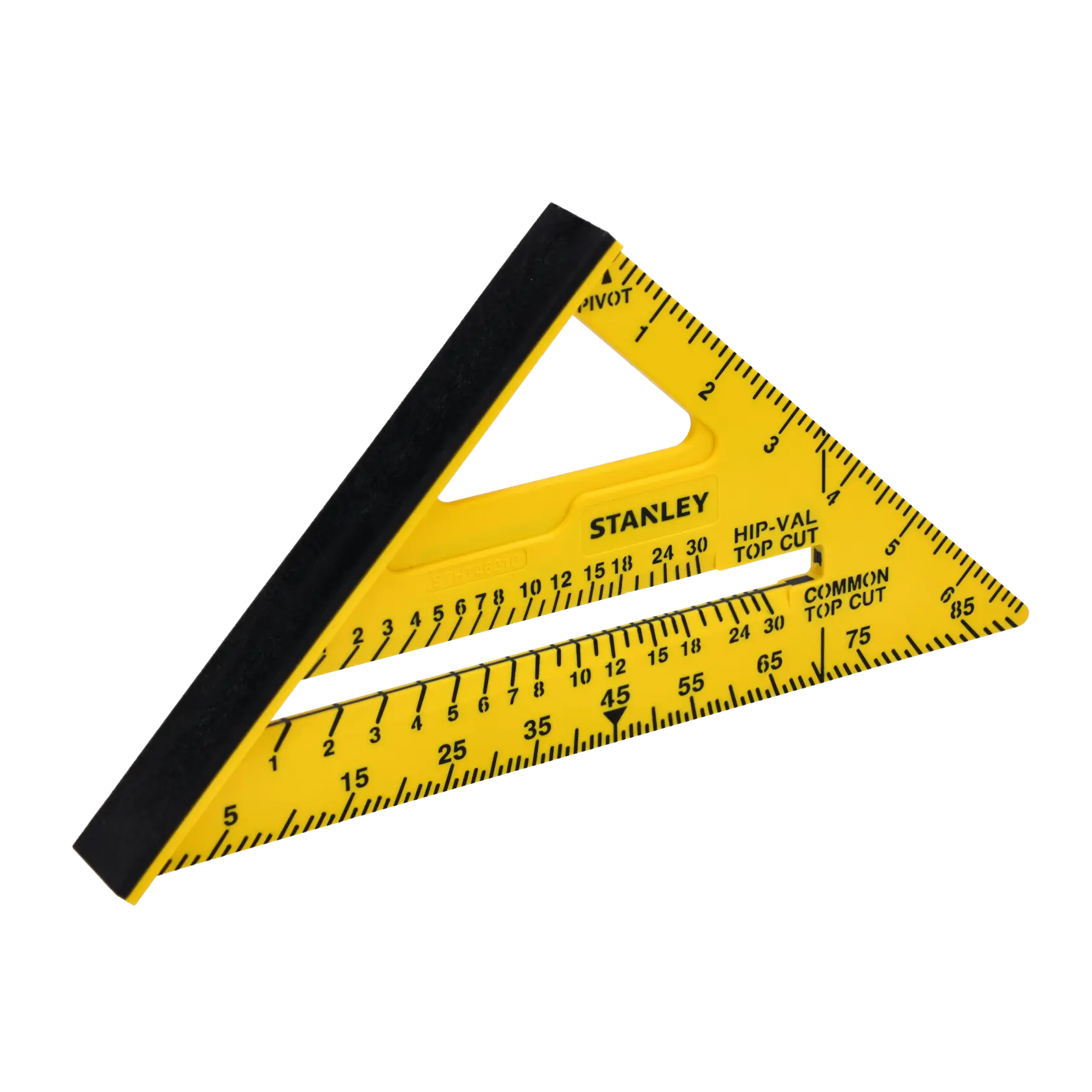 STANLEY STHT46010 yellow plastic rafter square with black edge, front angle, measurement markings visible.