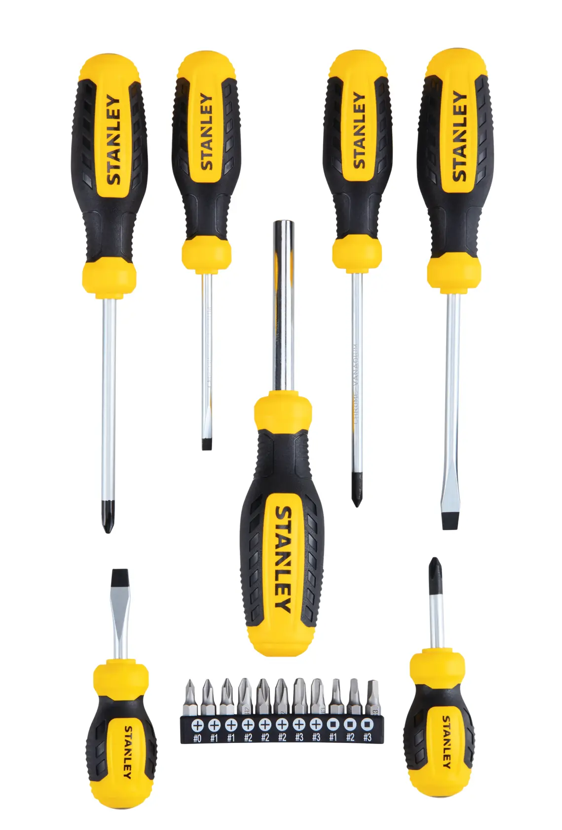 Stanley screwdriver set with black and yellow handles, various sizes, precision bits included, front view on white background