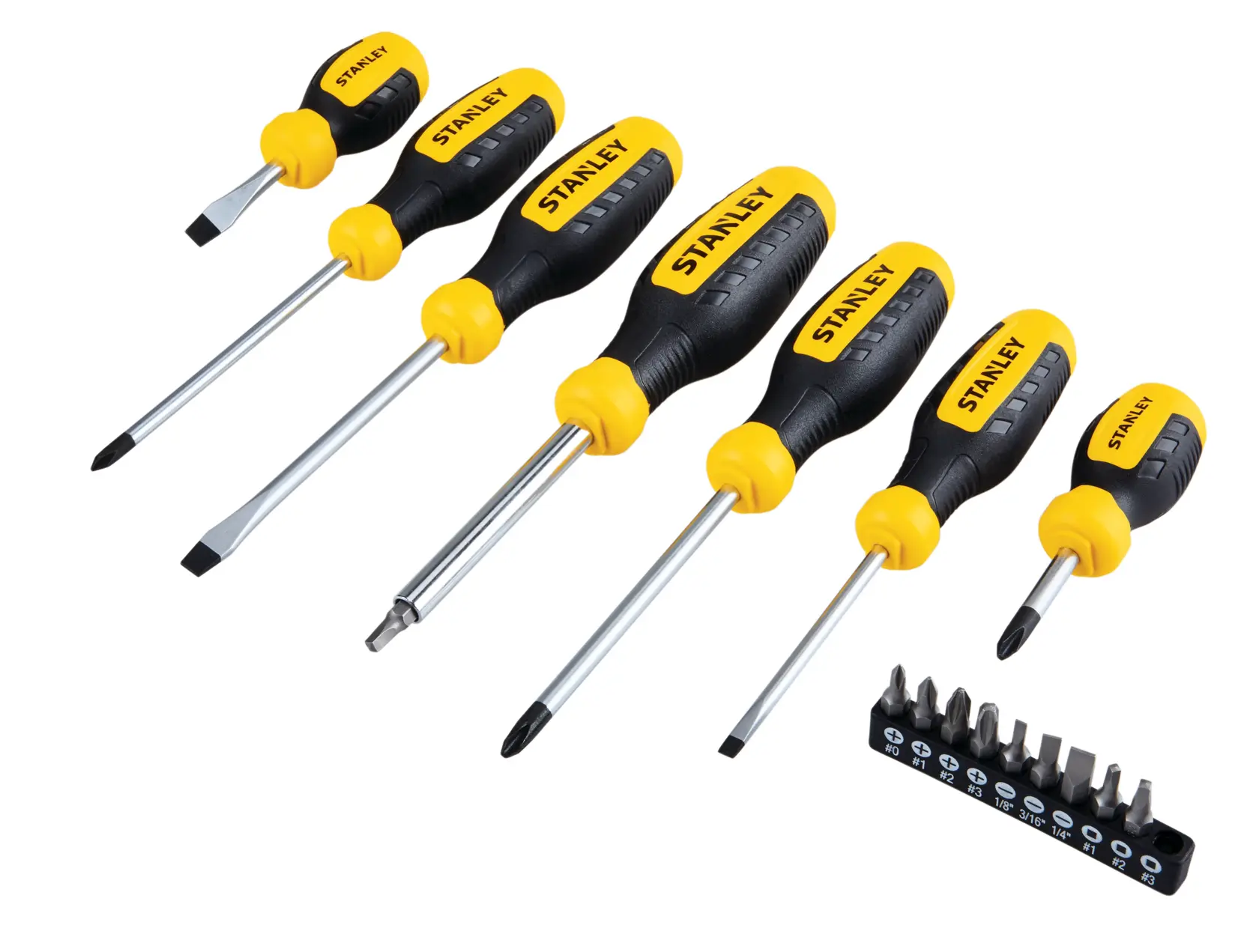 Stanley screwdriver set with seven screwdrivers and a black bit holder, yellow and black handles, angled on white background