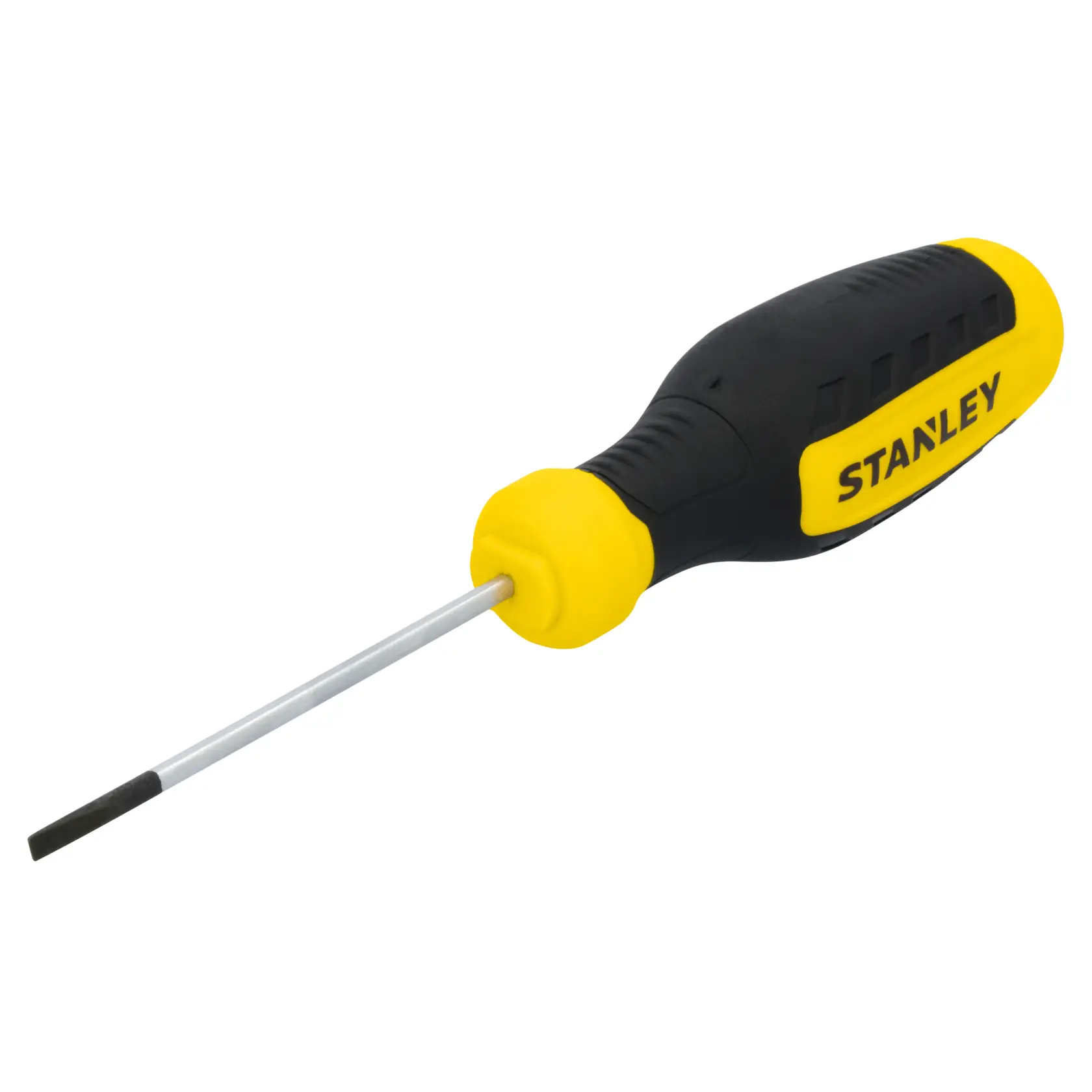 Stanley STHT60801 flathead screwdriver with black and yellow handle, angled on white background.