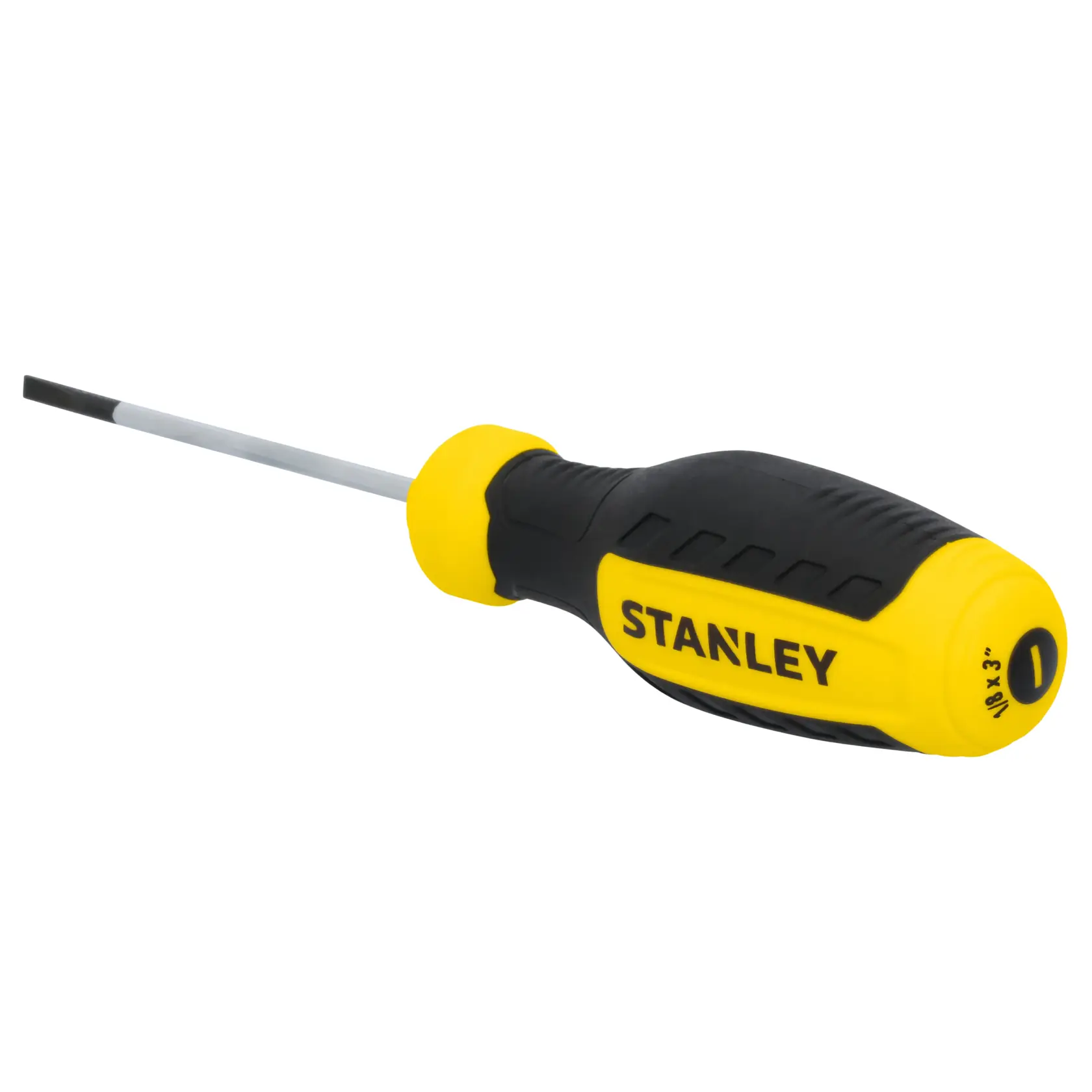 STANLEY STHT60801 slotted screwdriver with yellow and black handle, side angle on white background.
