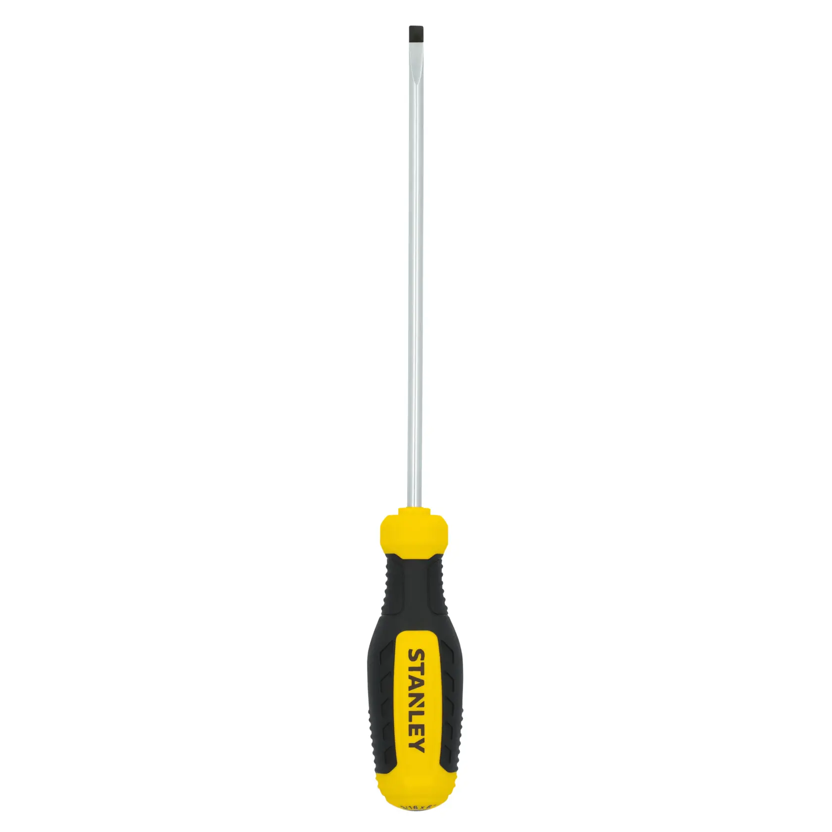 Stanley STHT60803 flathead screwdriver, yellow and black handle, straight-on angle, white background.