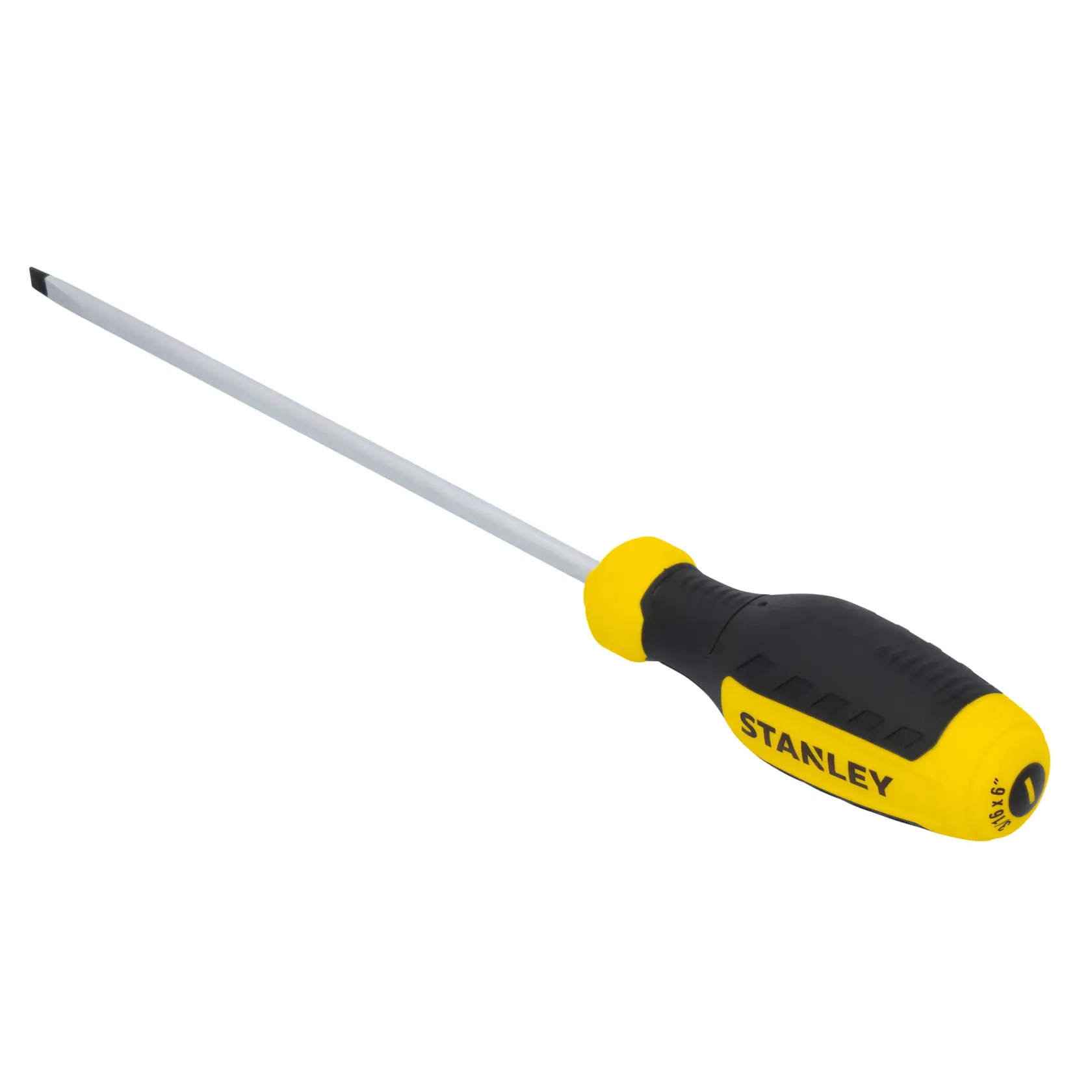 STANLEY STHT60803 slotted screwdriver, yellow and black handle, side angle, white background.