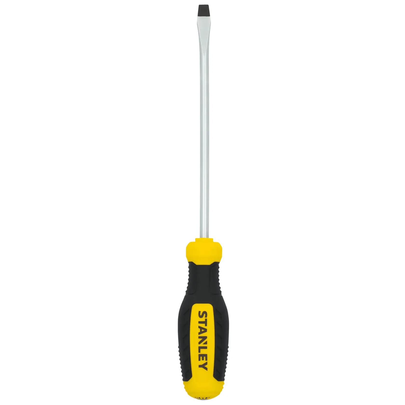 STANLEY STHT60805 flathead screwdriver with yellow and black handle, front view on white background.