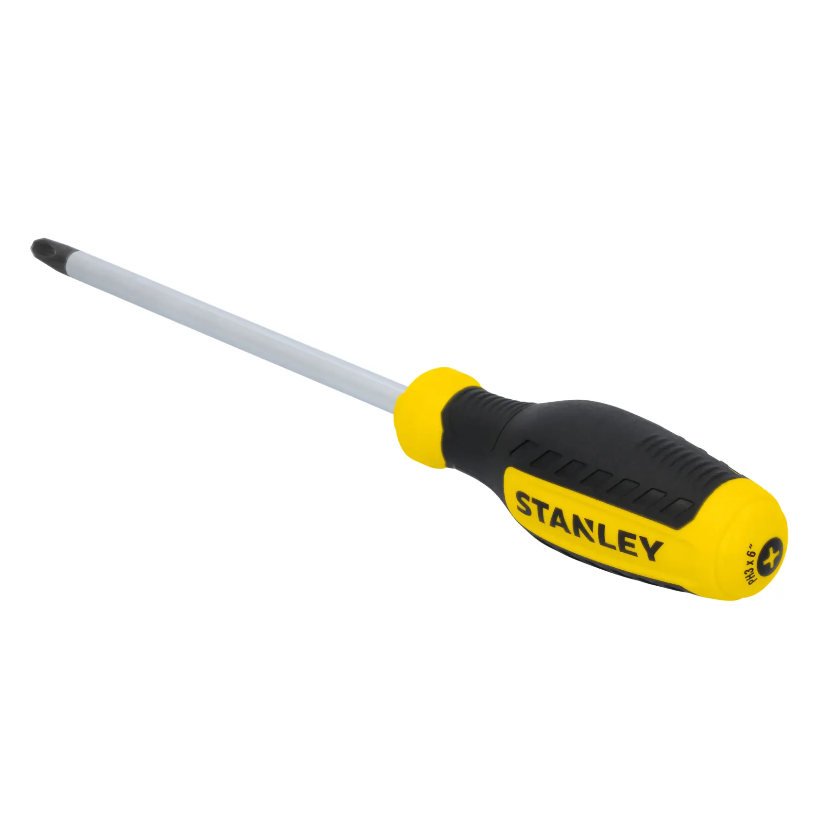 STANLEY STHT60810 Phillips screwdriver with yellow and black handle, side angle, on white background.