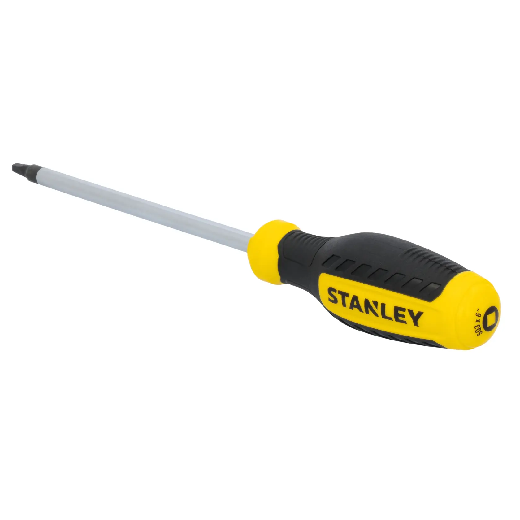 Stanley STHT60813 screwdriver with yellow and black handle, angled side view, white background.