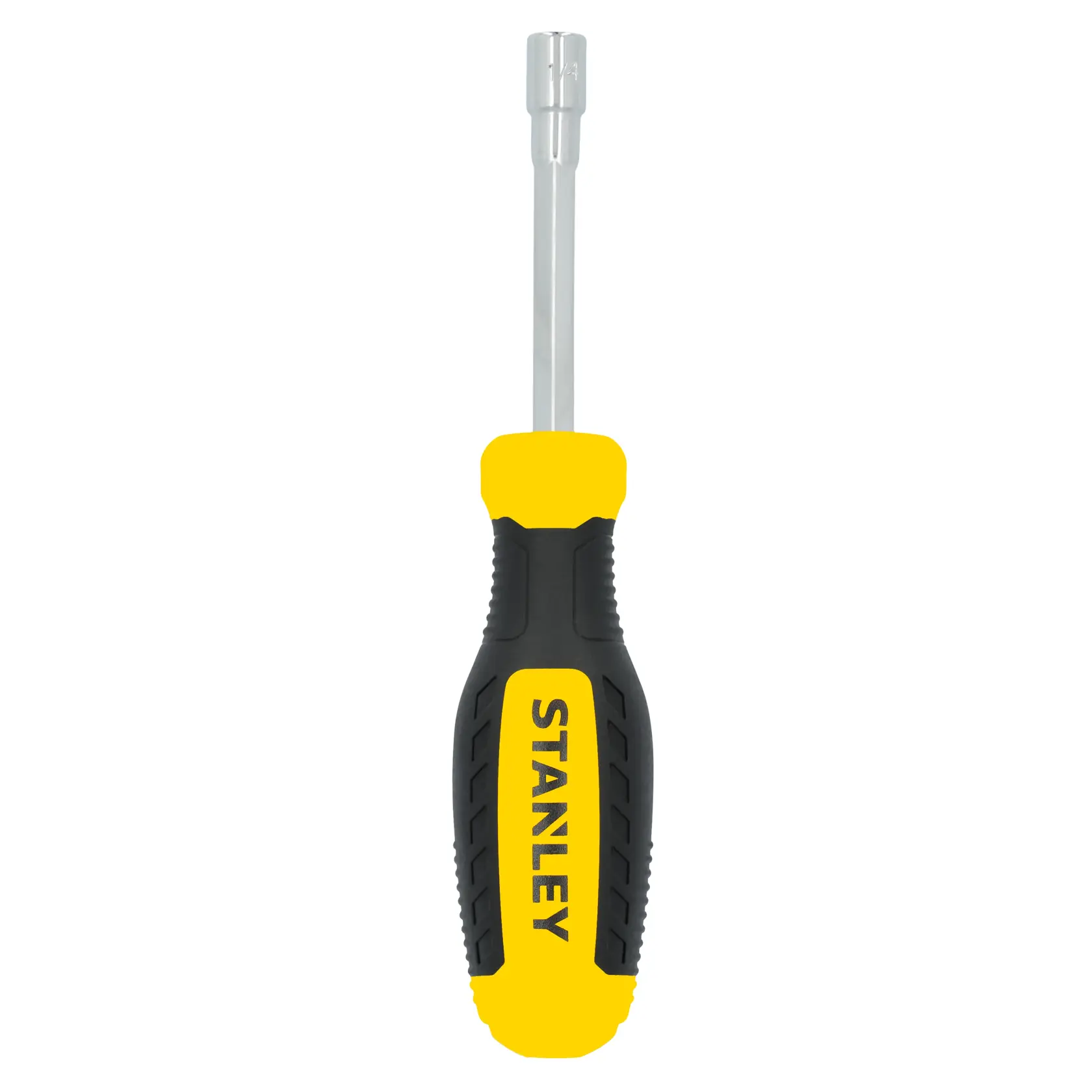 STANLEY STHT60821 nut driver with yellow and black ergonomic handle, front angle, white background.