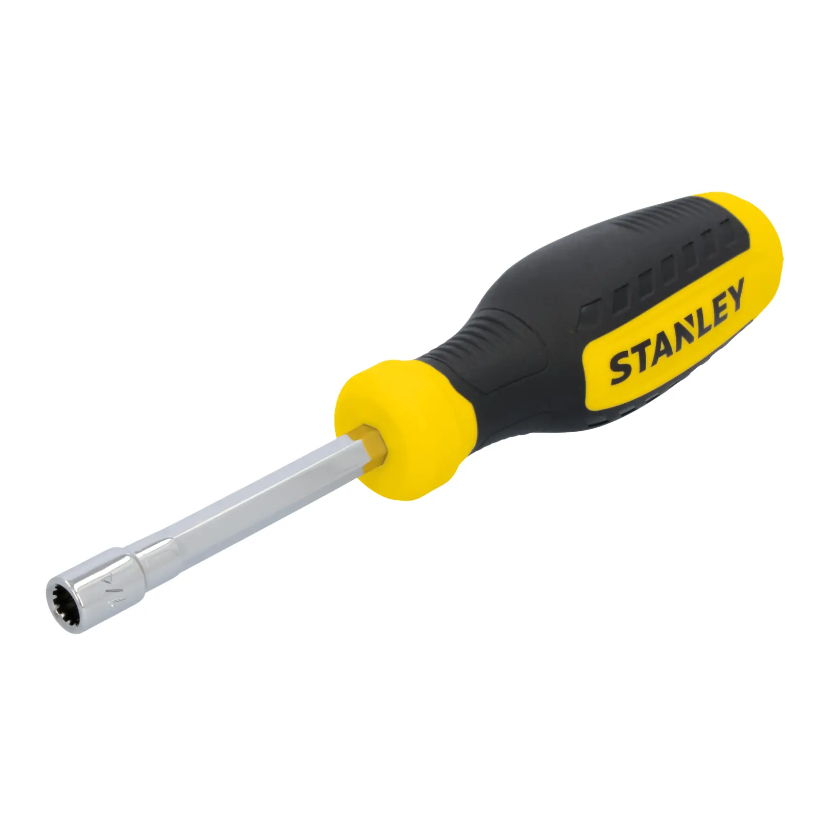 STANLEY STHT60821 nut driver with black and yellow handle, angled view on white background.