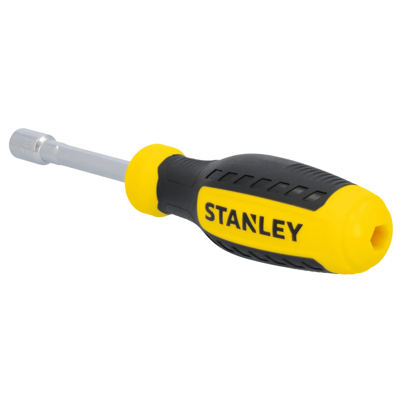 STANLEY STHT60822 yellow and black nut driver with hex shaft, angled on white background.