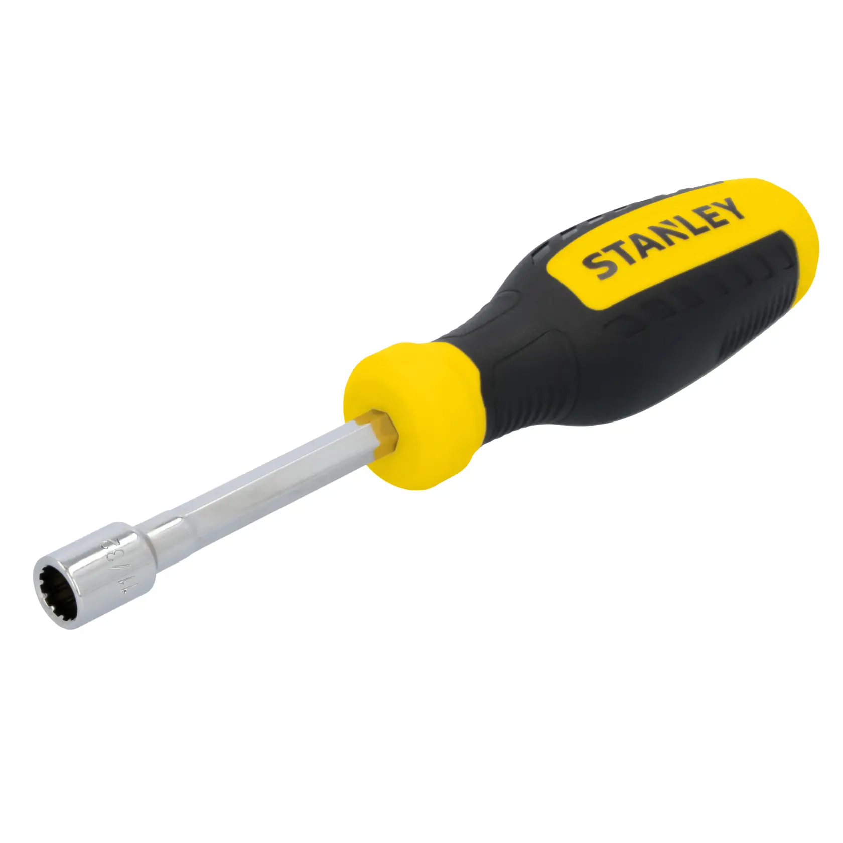 STANLEY STHT60823 nut driver with black and yellow ergonomic handle, angled on white background.